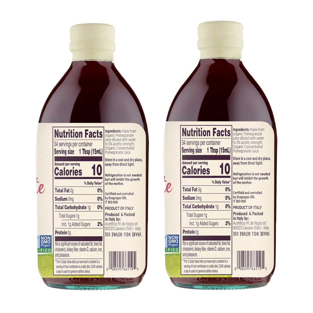 De Nigris Organic Pomegranate Vinegar label shows organic quality and all natural ingredients
