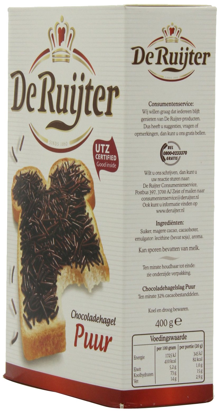 De Ruijter Deruyter Chocoadehagel Puur sprinkles over buttered bread for a Dutch treat