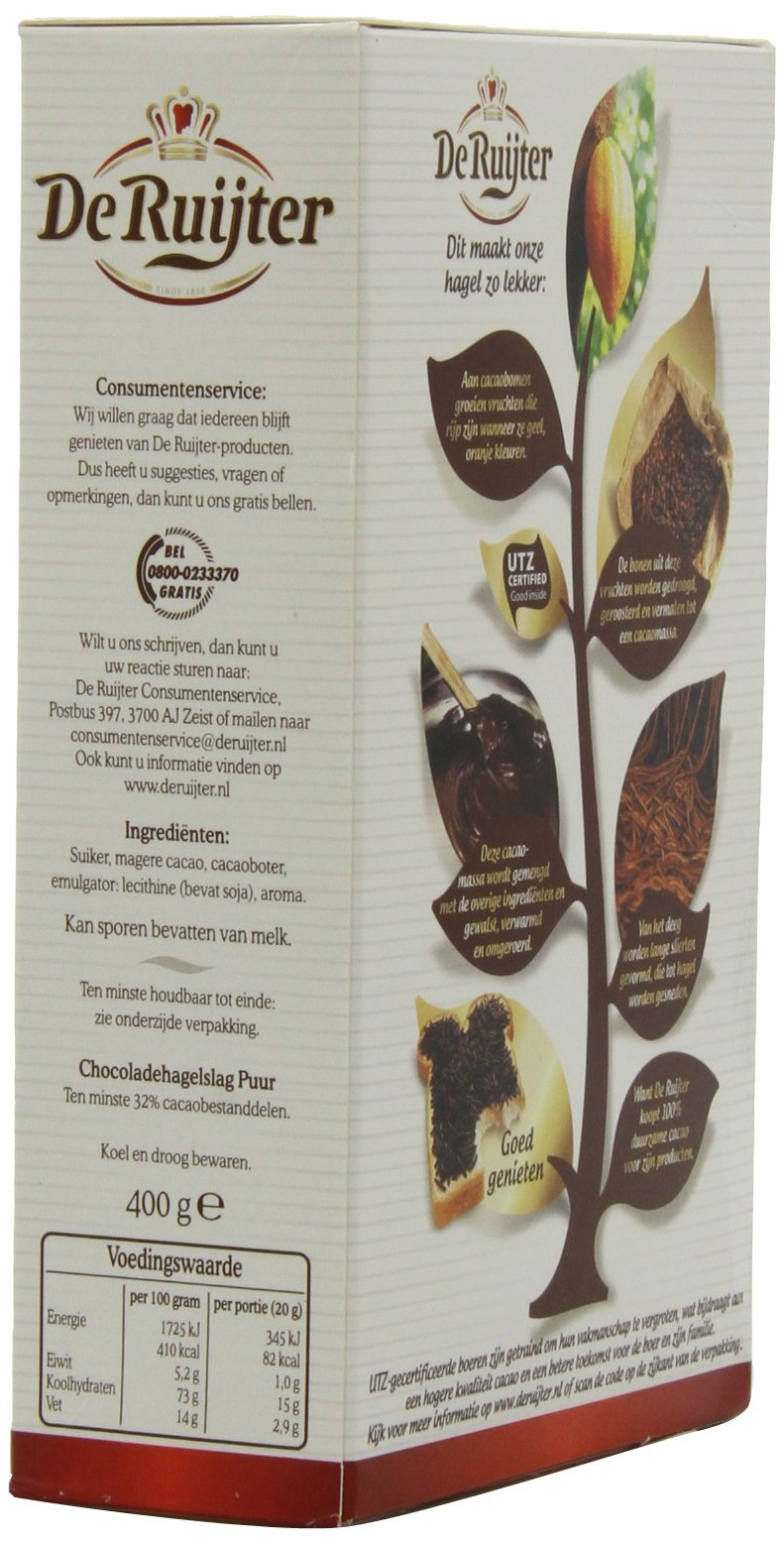 De Ruijter Deruyter Chocoadehagel Puur packaging showing three 14-ounce boxes total 42 ounces