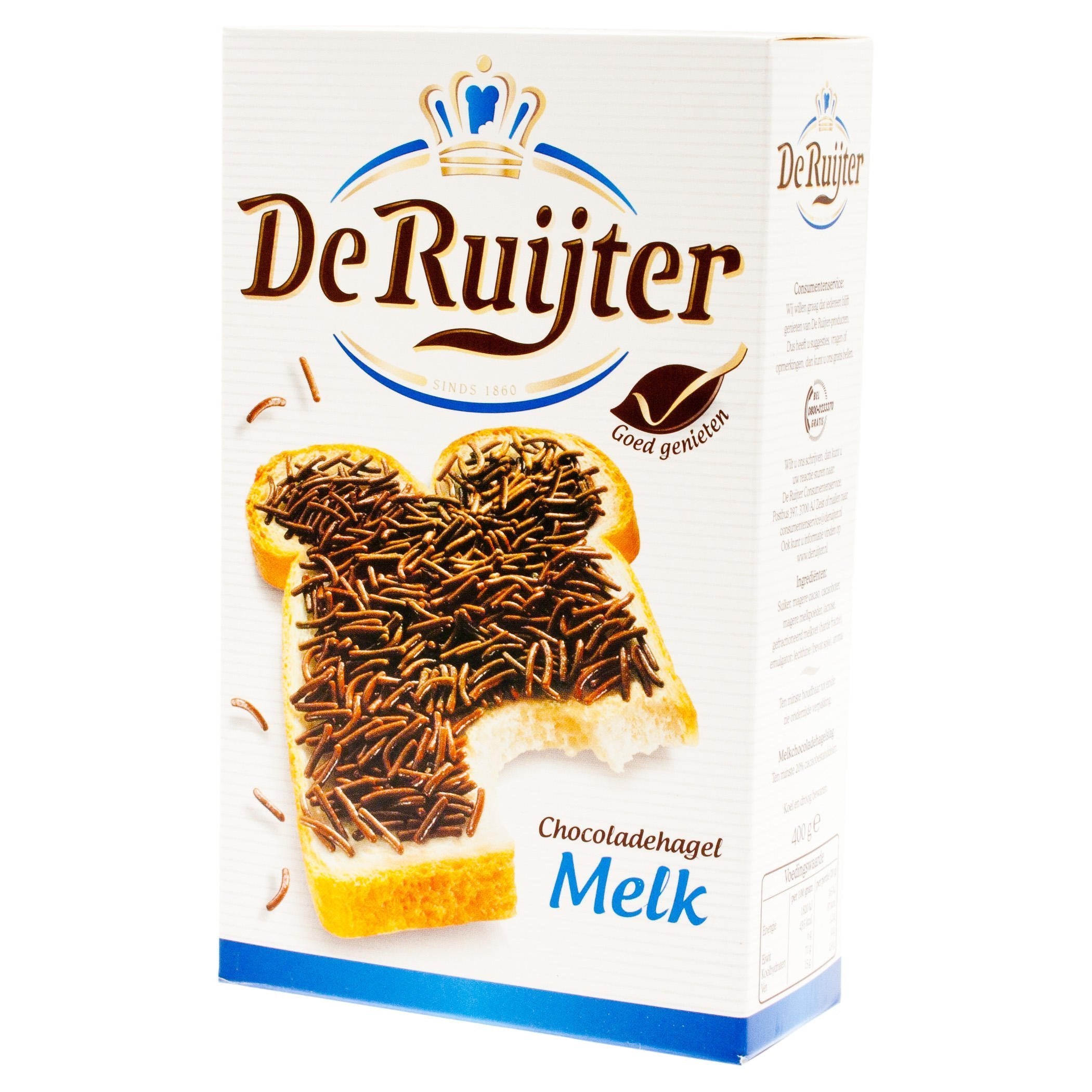 De Ruijter Milk Chocolate Sprinkles box, perfect for decorating desserts and topping treats.