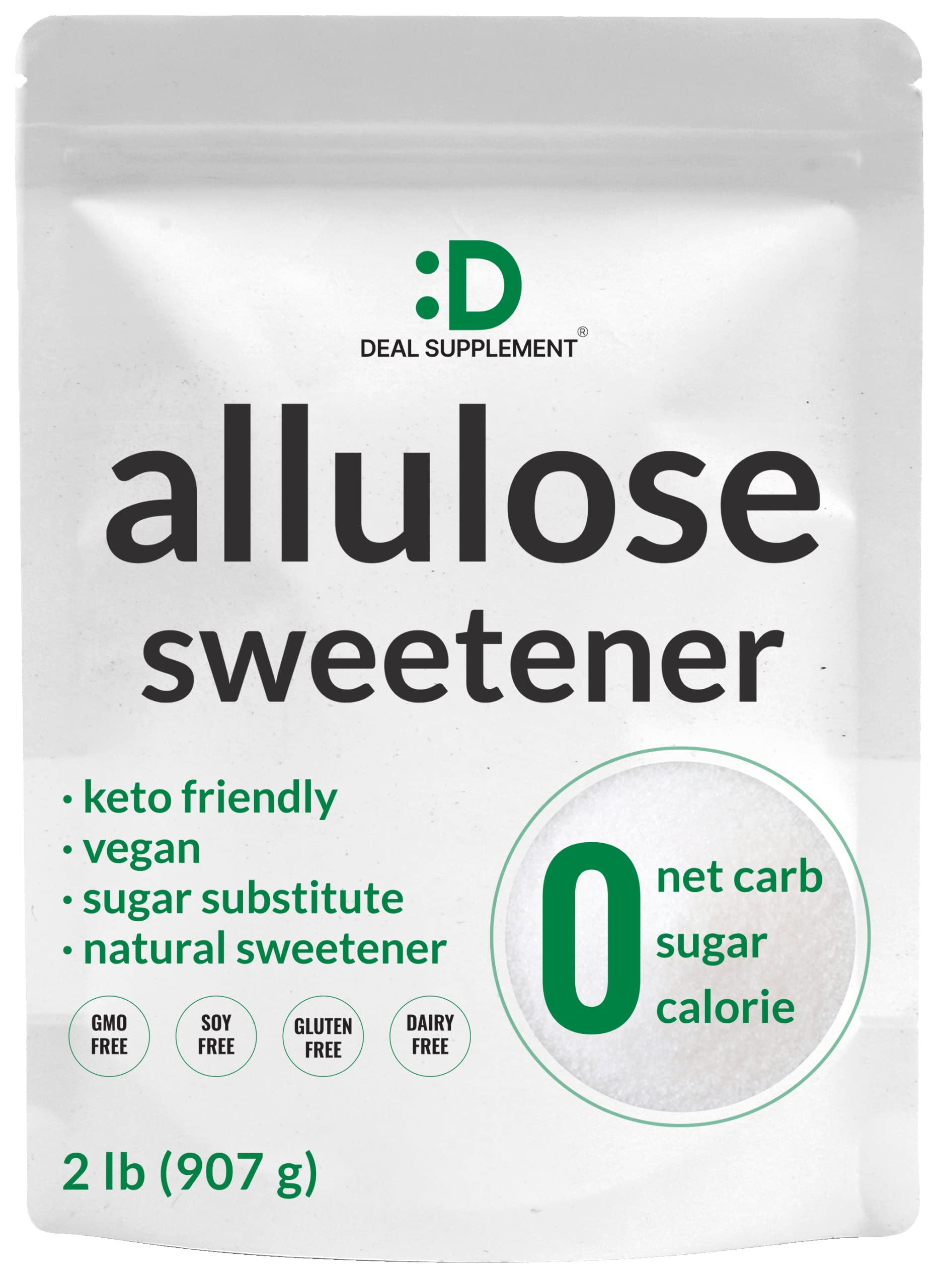 Deal Supplement Allulose bulk pack shows natural sugar substitute for cooking and baking with zero net carbs.