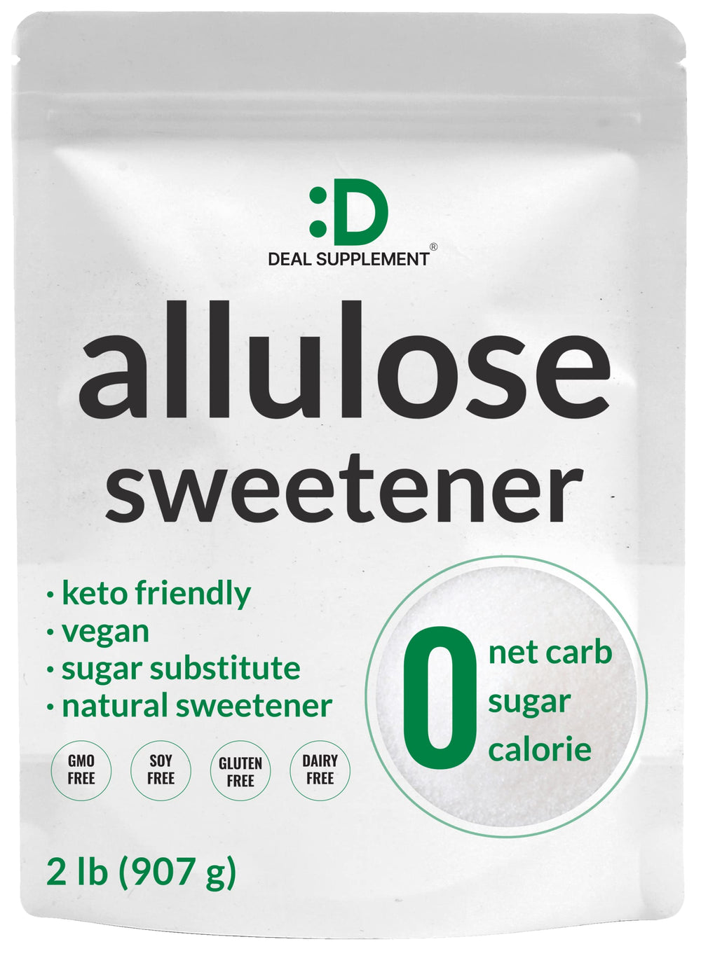 Deal Supplement Allulose bulk pack shows natural sugar substitute for cooking and baking with zero net carbs.