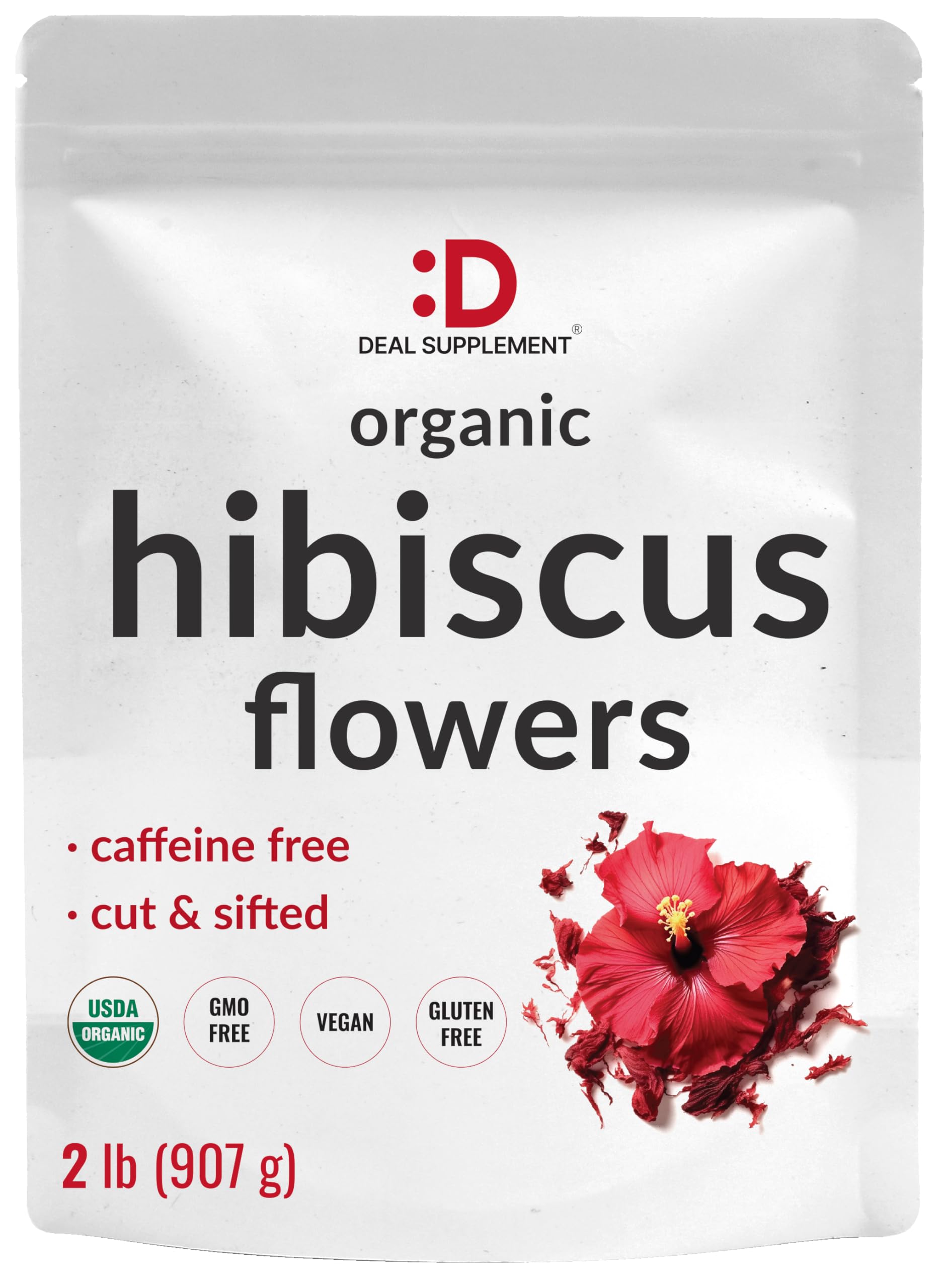 Deal Supplement dried organic hibiscus flowers in a 2lb bag with a bright, aromatic brew