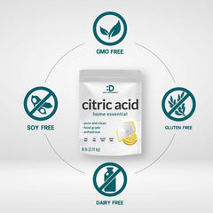 DEAL SUPPLEMENT Food-grade citric acid label bottle highlighting non-GMO and allergen-free
