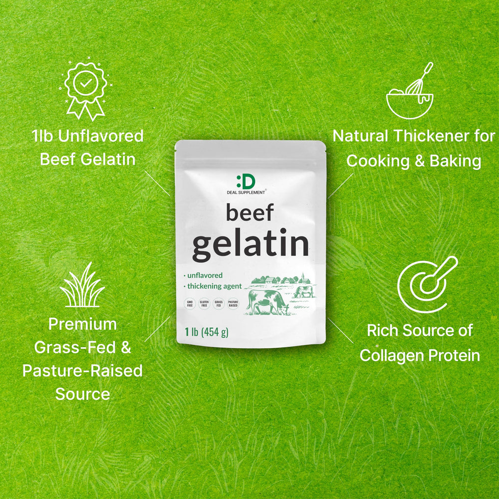 DEAL SUPPLEMENT unflavored gelatin mixes easily without altering flavor, ideal for Jello, puddings, and gummies.