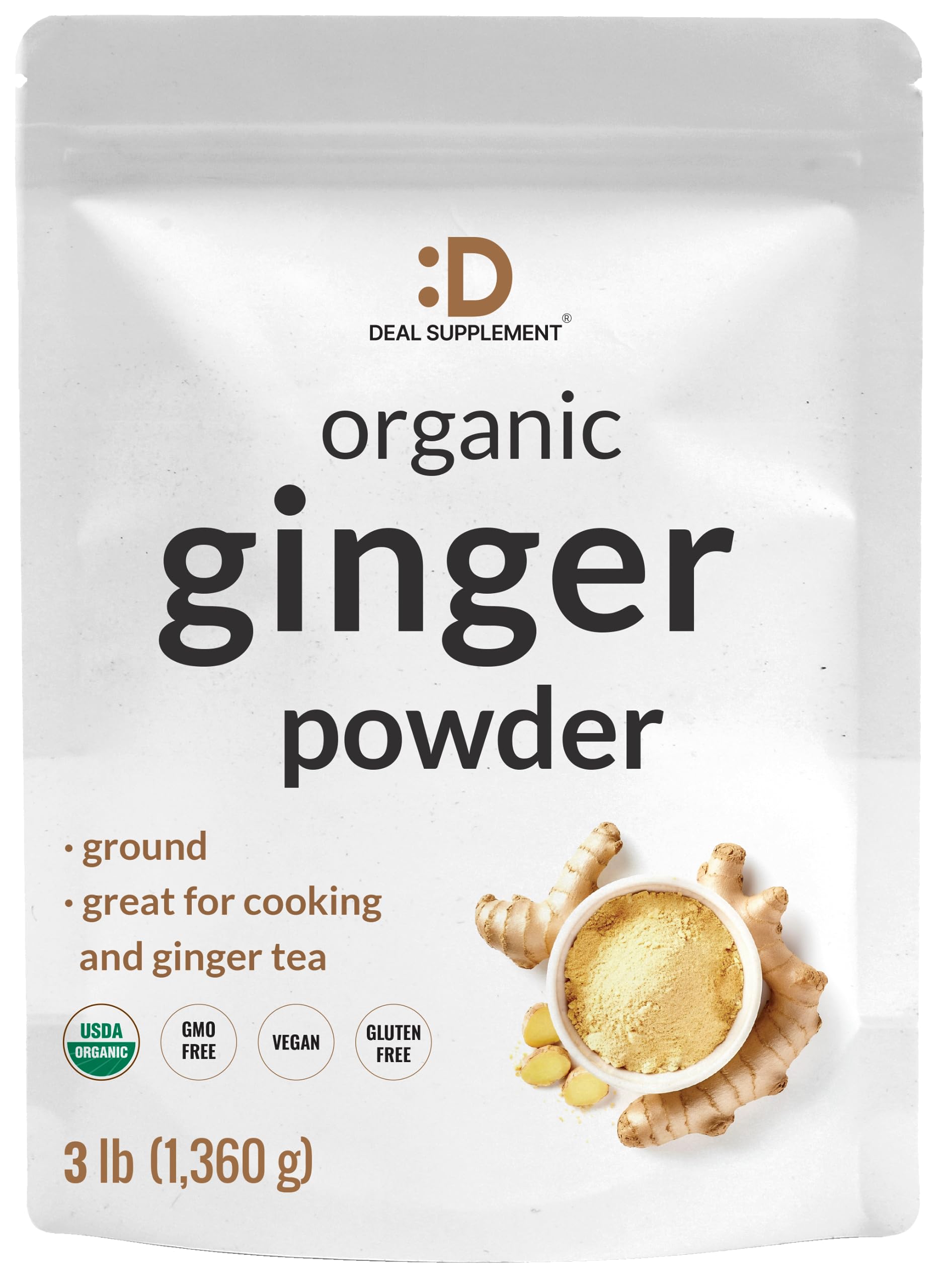 DEAL SUPPLEMENT organic ginger powder 3lb packaging for easy pantry storage and cooking prep.