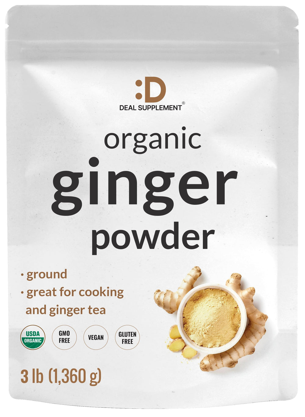 DEAL SUPPLEMENT organic ginger powder 3lb packaging for easy pantry storage and cooking prep.