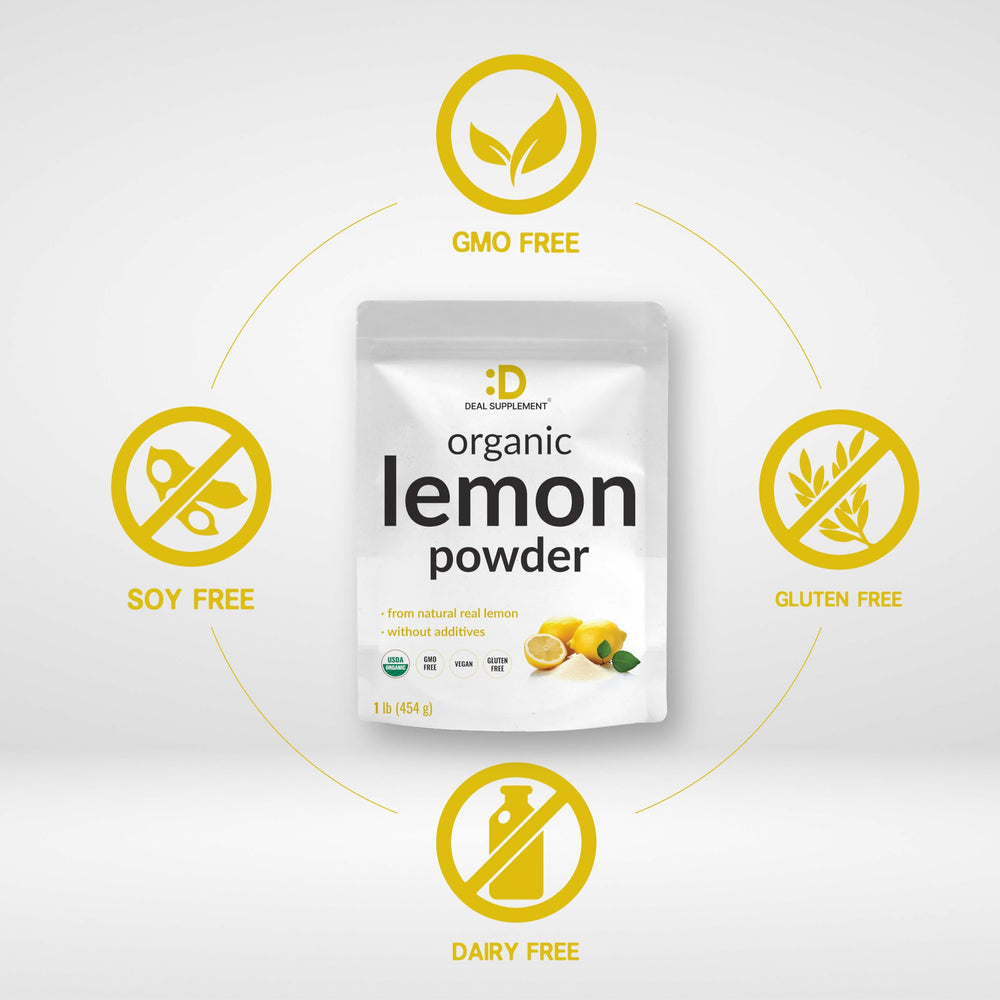 DEAL SUPPLEMENT Organic Lemon Powder label shows non-GMO and allergen-friendly claims.