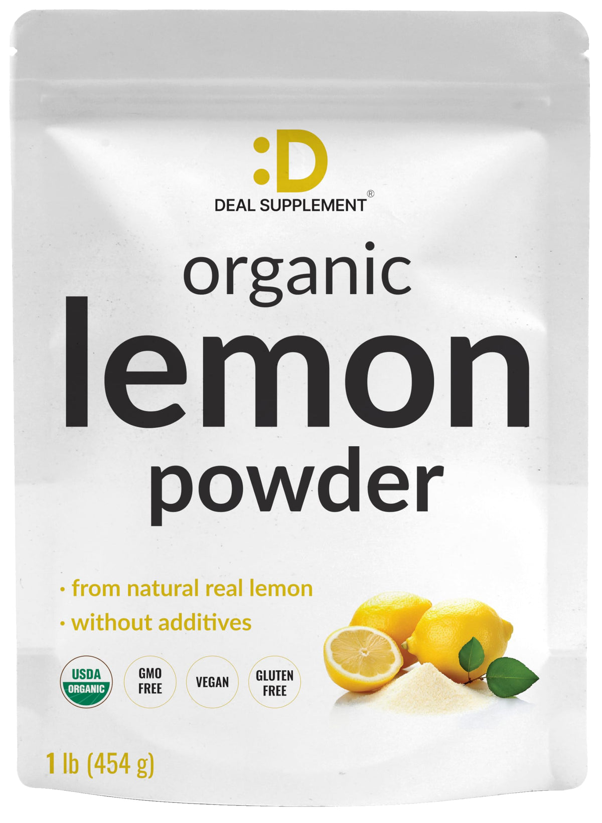 DEAL SUPPLEMENT Organic Lemon Powder in a jar shows real freeze-dried lemon for bright flavor.