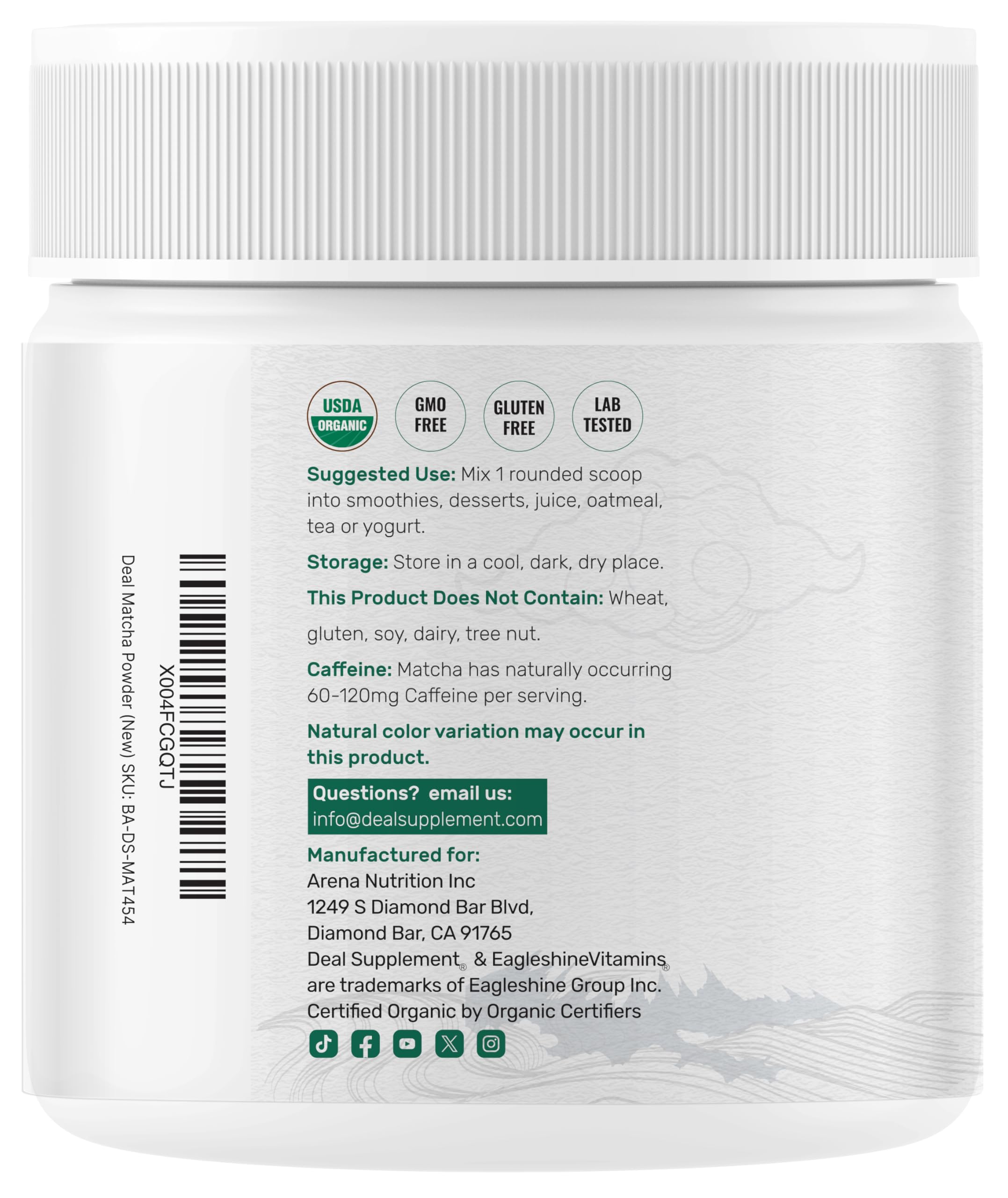 Deal Supplement Organic Matcha Label—clear ingredients and non-GMO certification.