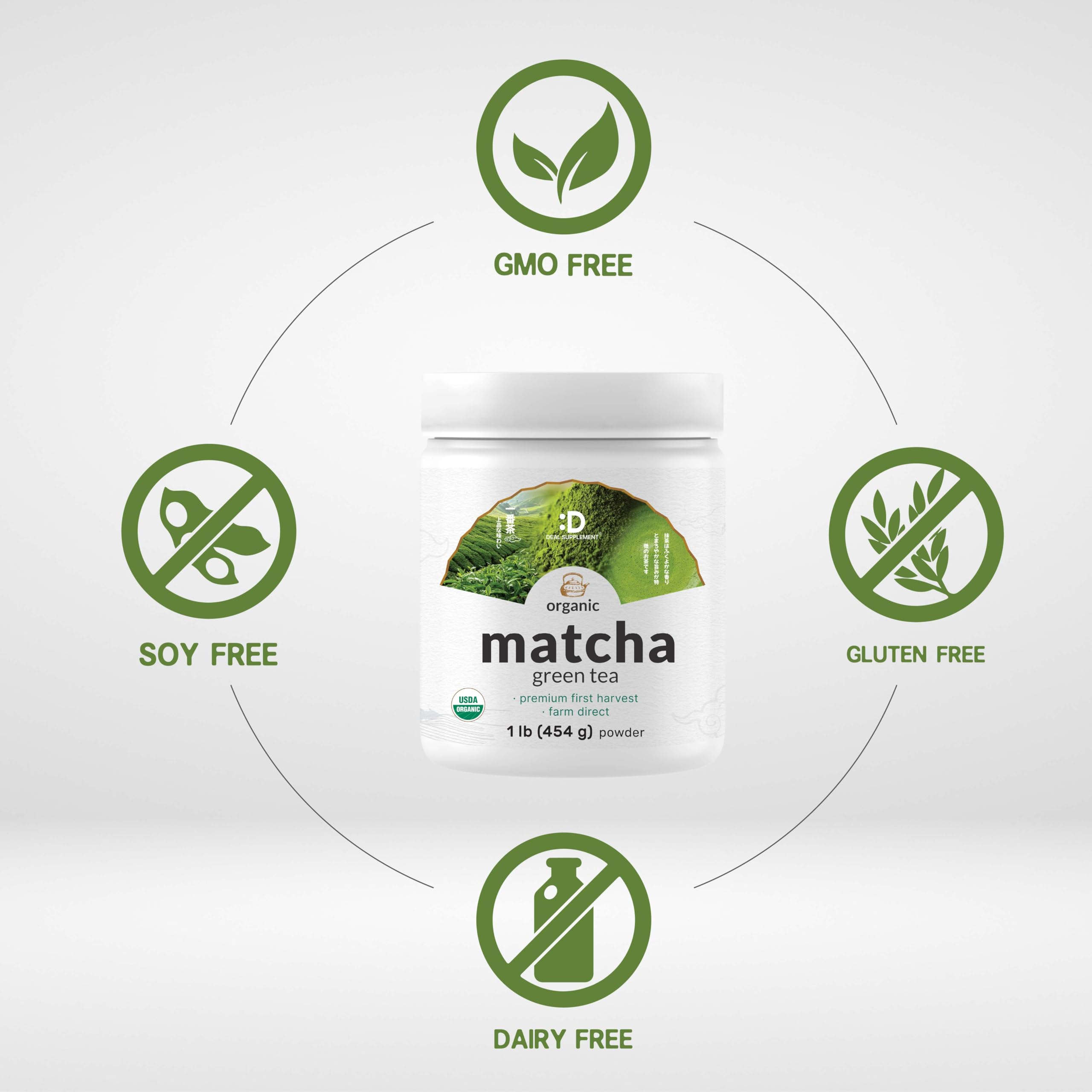 Deal Supplement Organic Matcha Latte shot—creamy foam and vibrant green color.