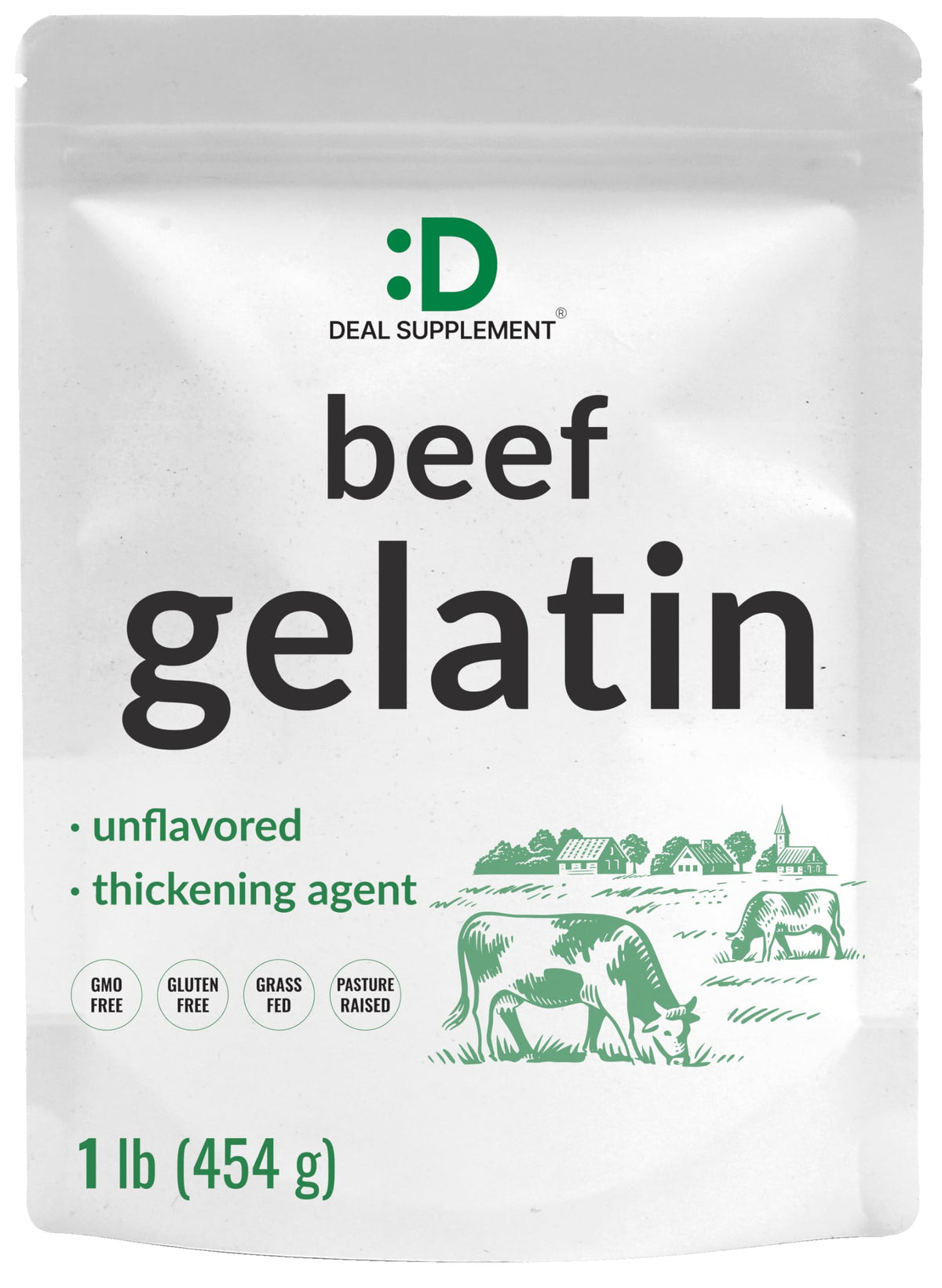 DEAL SUPPLEMENT unflavored beef gelatin powder packaging, a versatile thickener for cooking and baking.