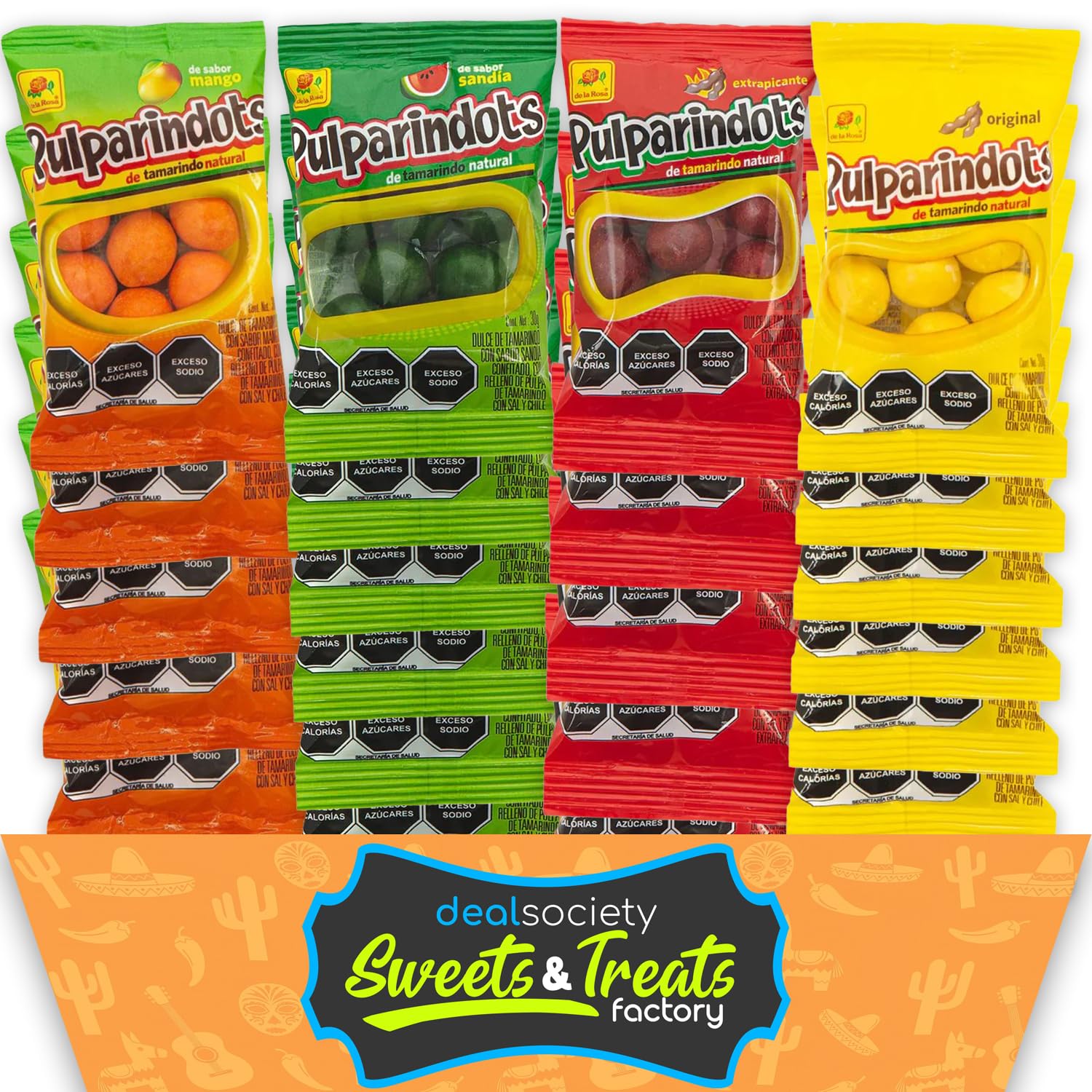 Deal Society Pulparindo Dots Mango; chewy tamarind with mango flavor for tropical snacking.