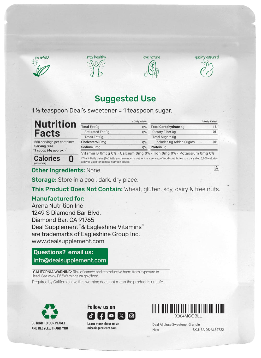 DEAL SUPPLEMENT Allulose zero net carb label highlights zero sugar and calories.