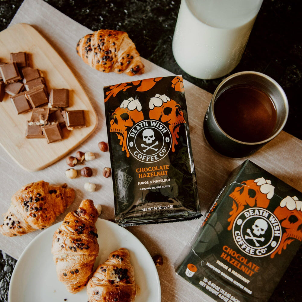 Death Wish Coffee chocolate hazelnut aroma rising from cup for indulgent experience.