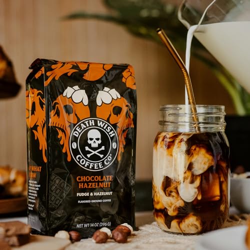 Death Wish Coffee chocolate hazelnut bag-back view with Fair Trade label.