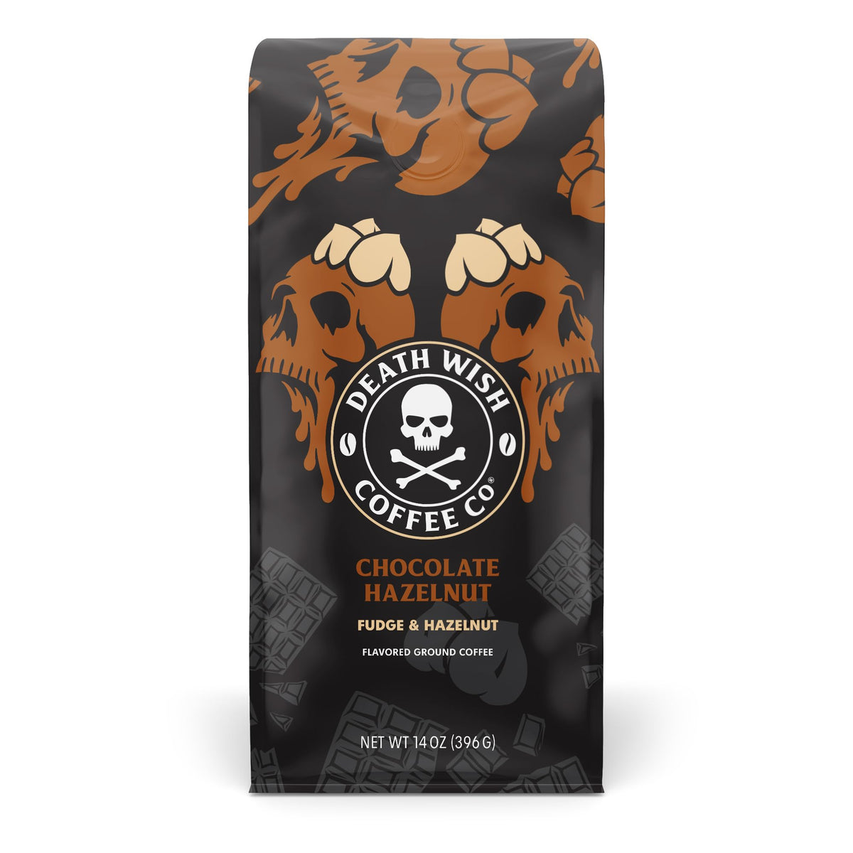 Death Wish Coffee chocolate hazelnut bag-front view highlighting bold flavor.