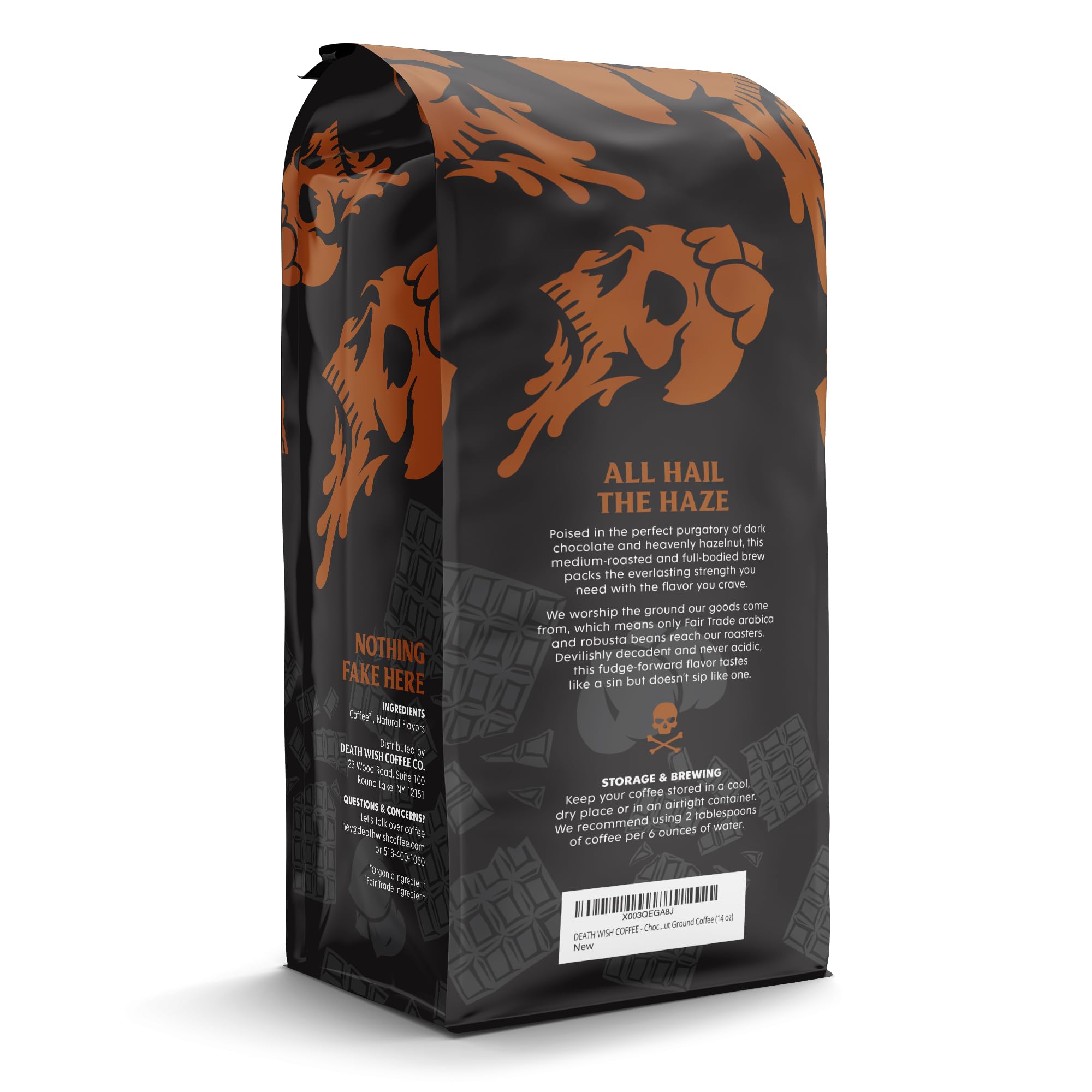 Death Wish Coffee chocolate hazelnut coffee-ground closeup emphasizing rich aroma.