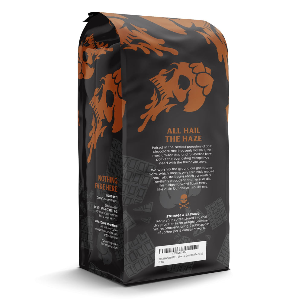 Death Wish Coffee chocolate hazelnut coffee-ground closeup emphasizing rich aroma.