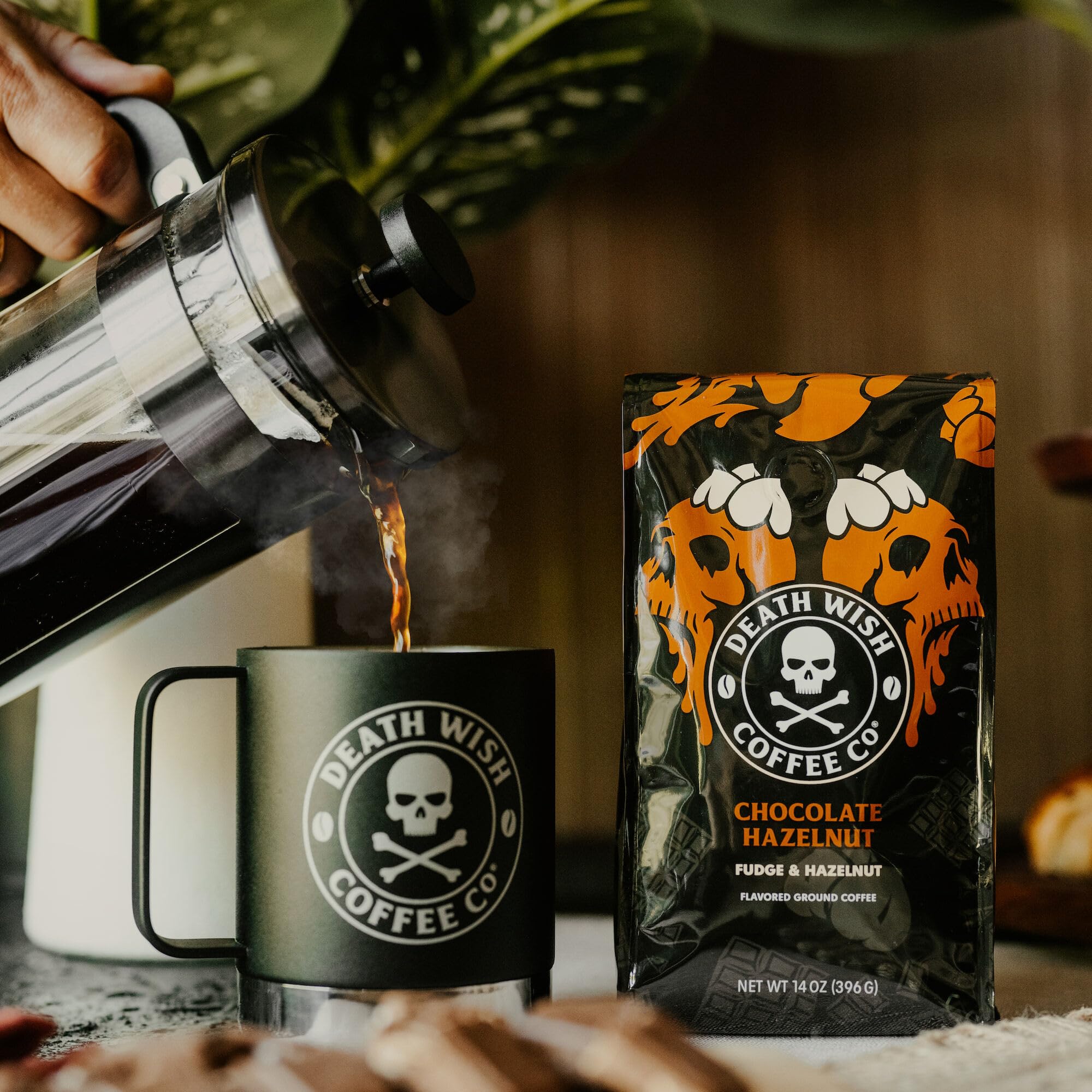 Death Wish Coffee chocolate hazelnut ground coffee bag with Fair Trade certification.