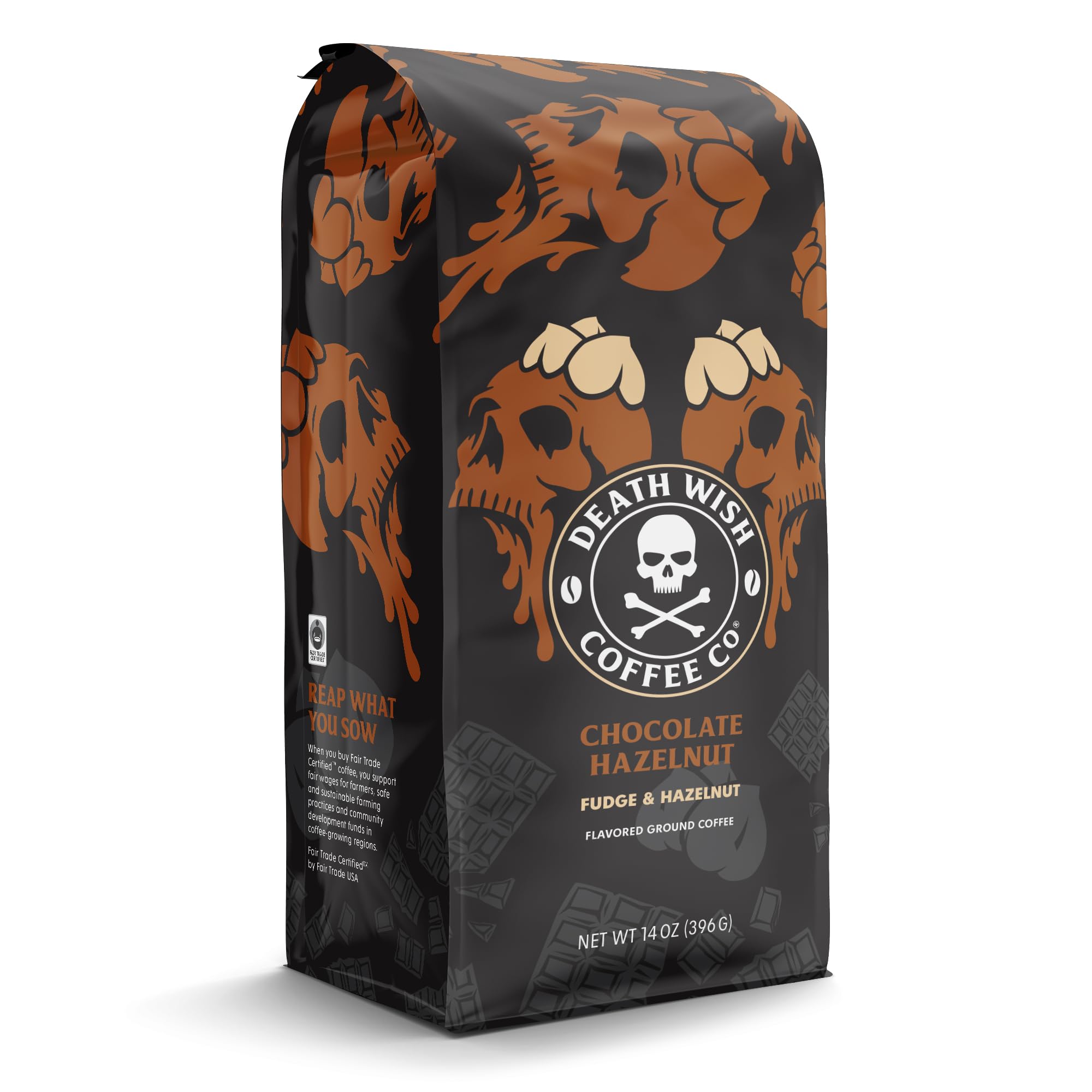 Death Wish Coffee chocolate hazelnut packaging on kitchen counter for daily routine.