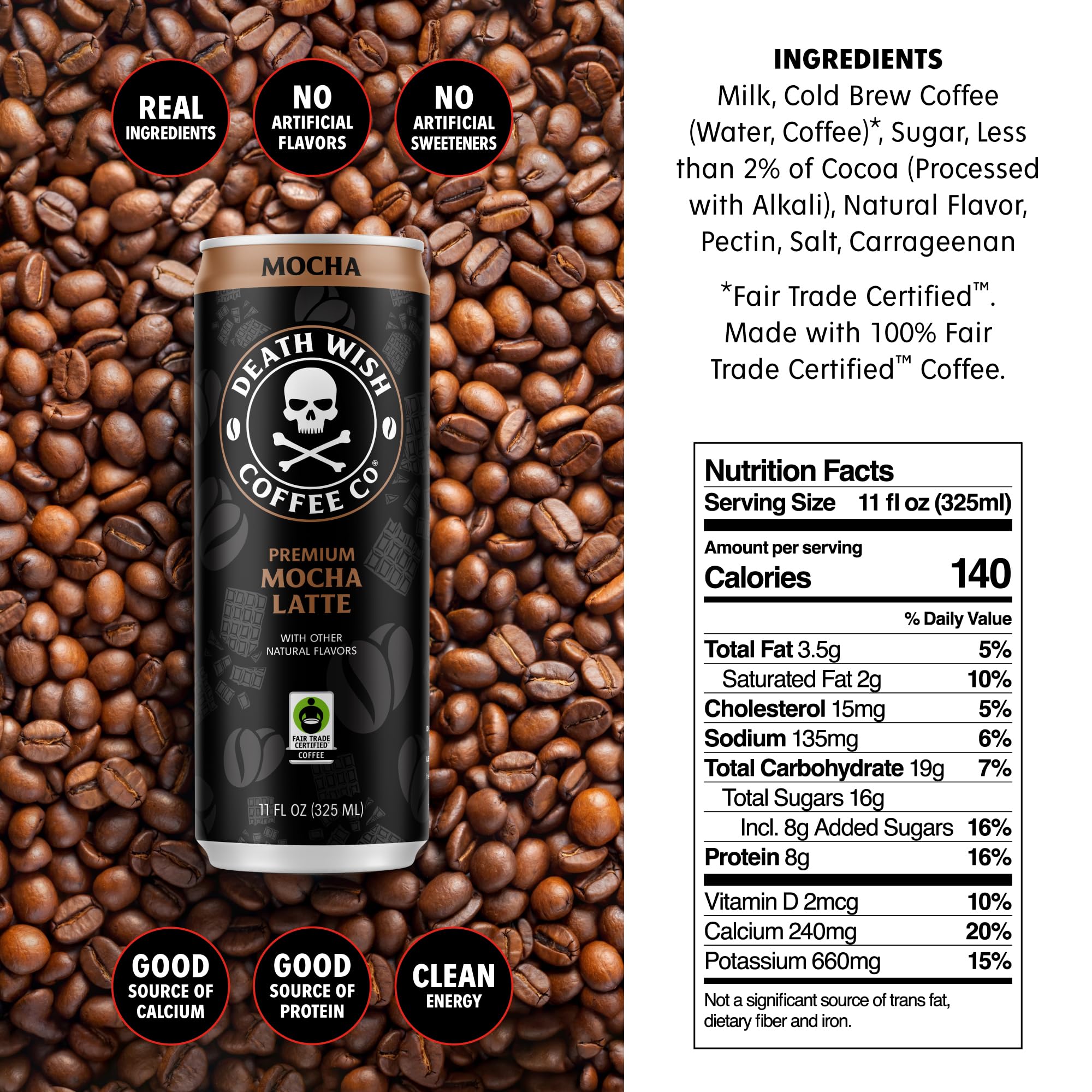 Death Wish Coffee 8g protein latte bottle highlights protein-rich energy.