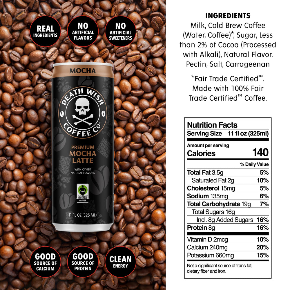 Death Wish Coffee 8g protein latte bottle highlights protein-rich energy.