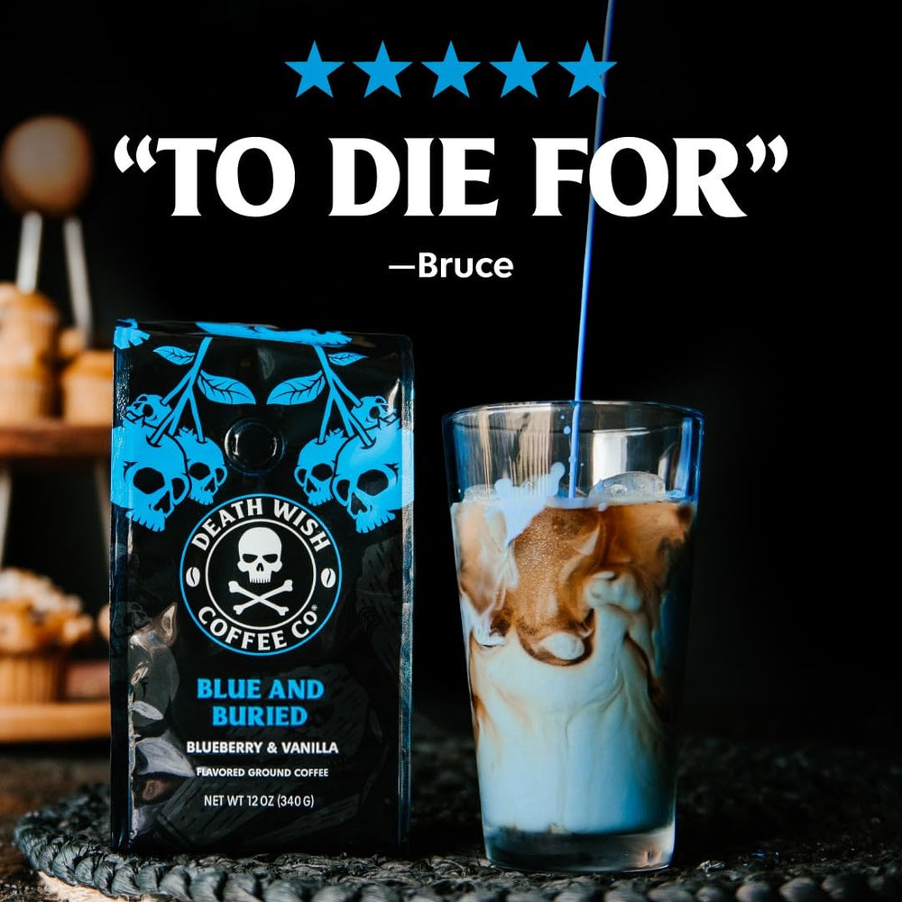 Death Wish Coffee packaging highlighting blueberry vanilla flavor