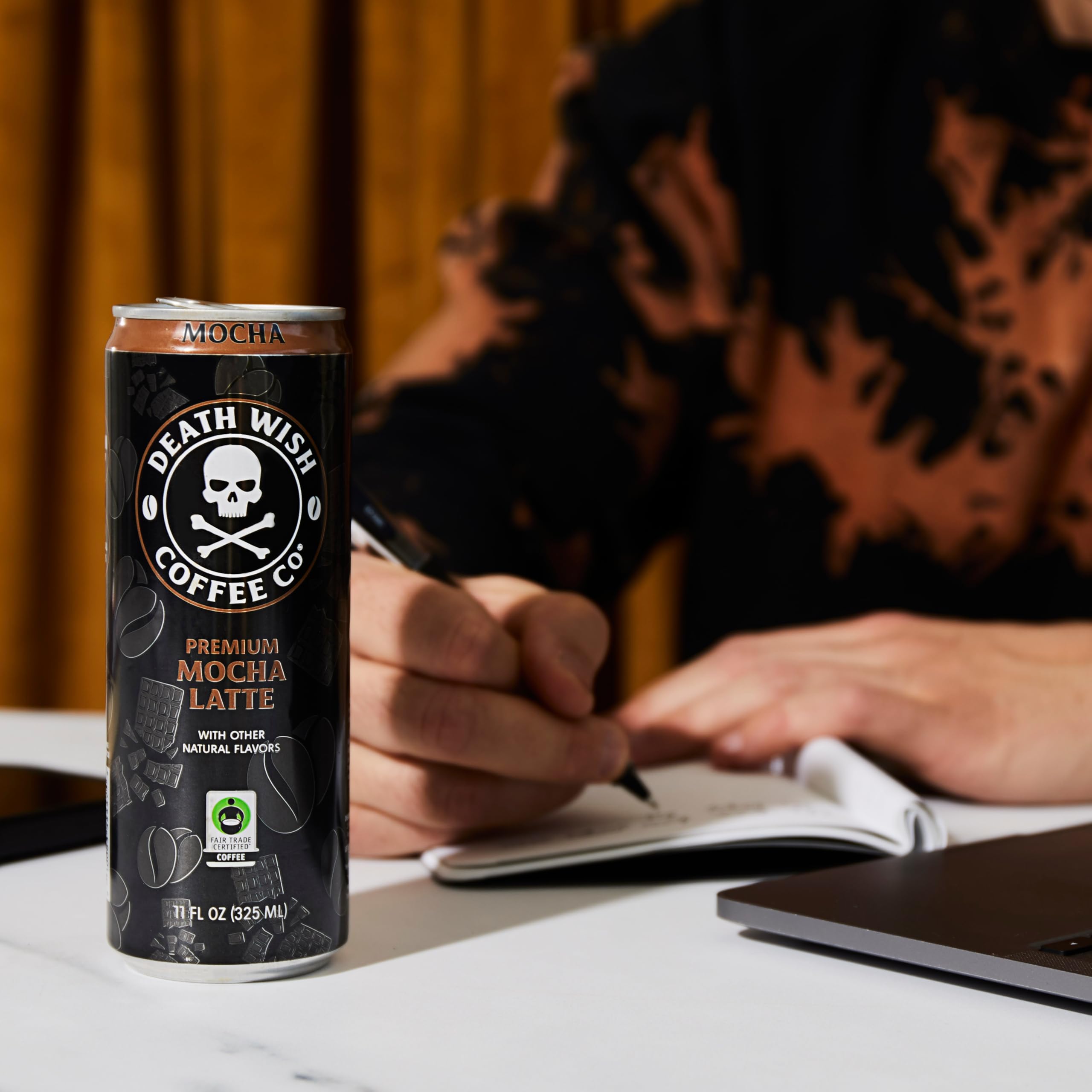 Death Wish Coffee bottle label highlights fair trade Colombian origin.