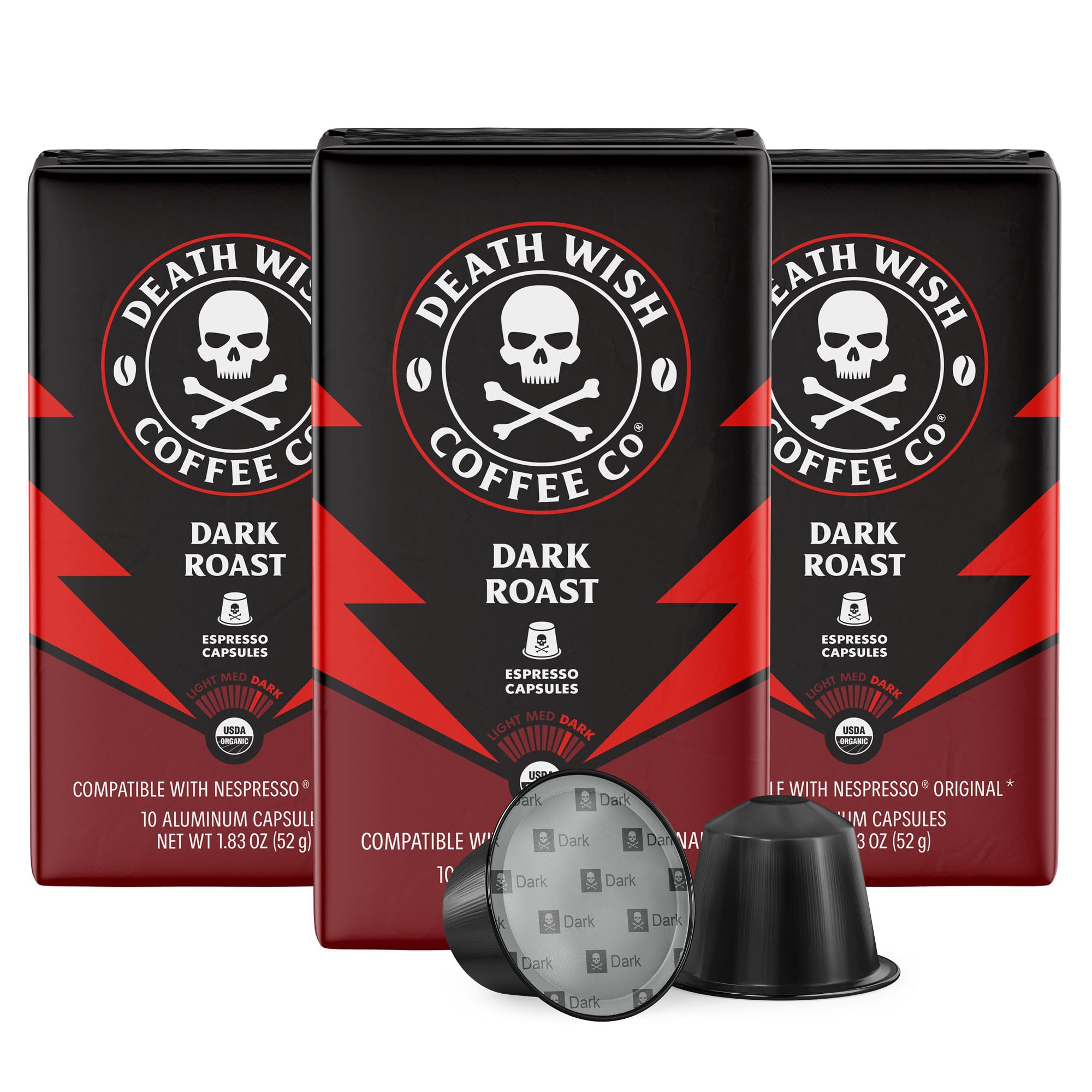 Death Wish Coffee capsules box for a bold morning boost.
