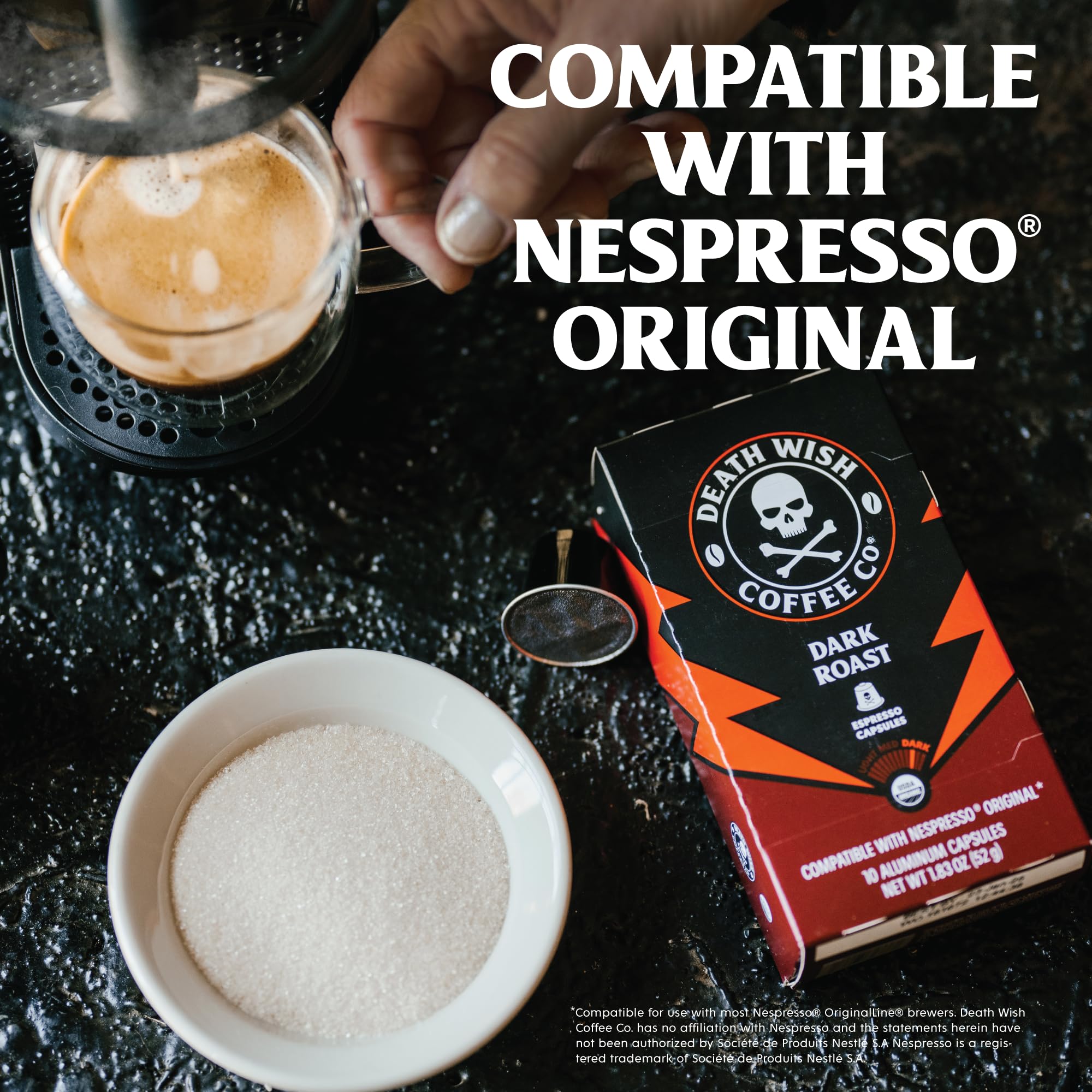 Death Wish Coffee capsules close-up showing premium roast.