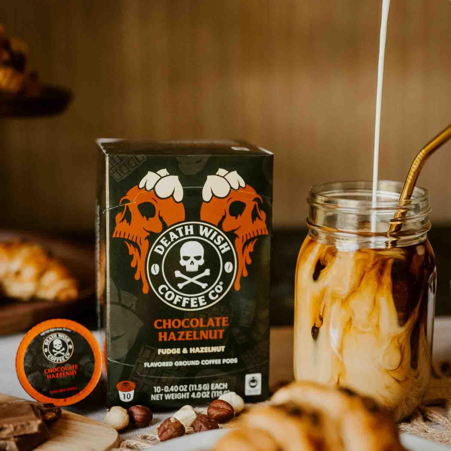 Death Wish Coffee pod box opened reveals premium, fair-trade beans.