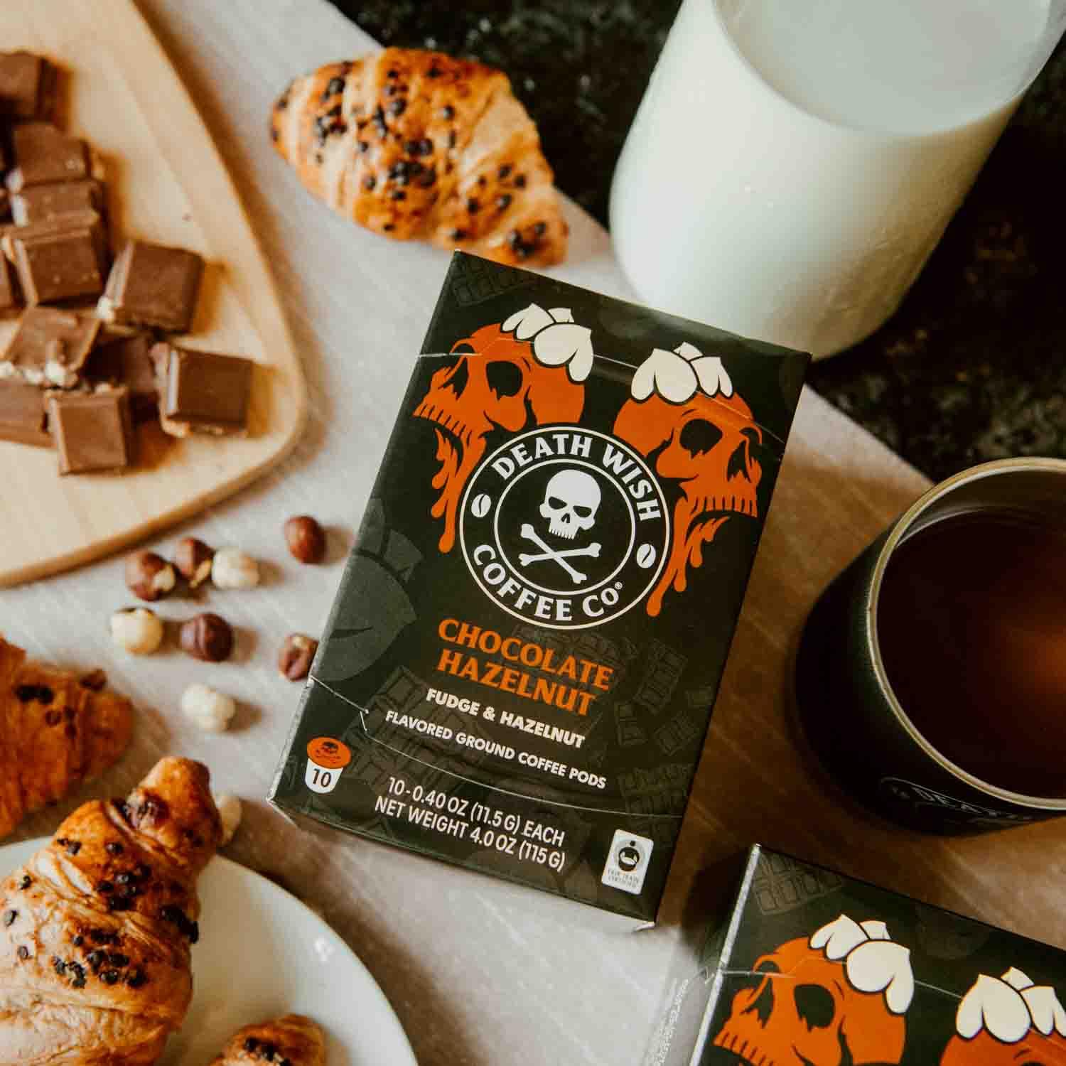 Death Wish Coffee chocolate hazelnut pods cup shows a bold morning brew.