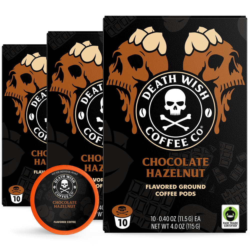 Death Wish Coffee chocolate hazelnut pods pack; convenient for busy mornings.