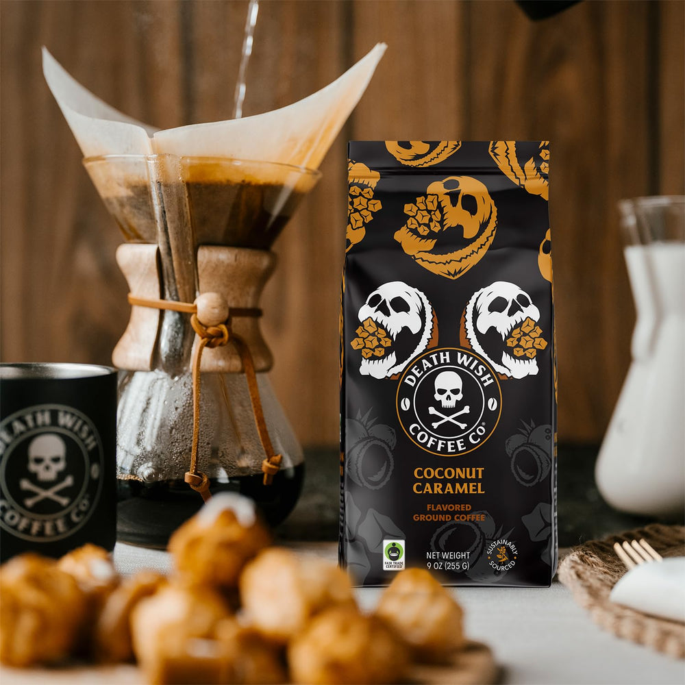Death Wish Coffee aroma-steam highlights toasted coconut and caramel notes.