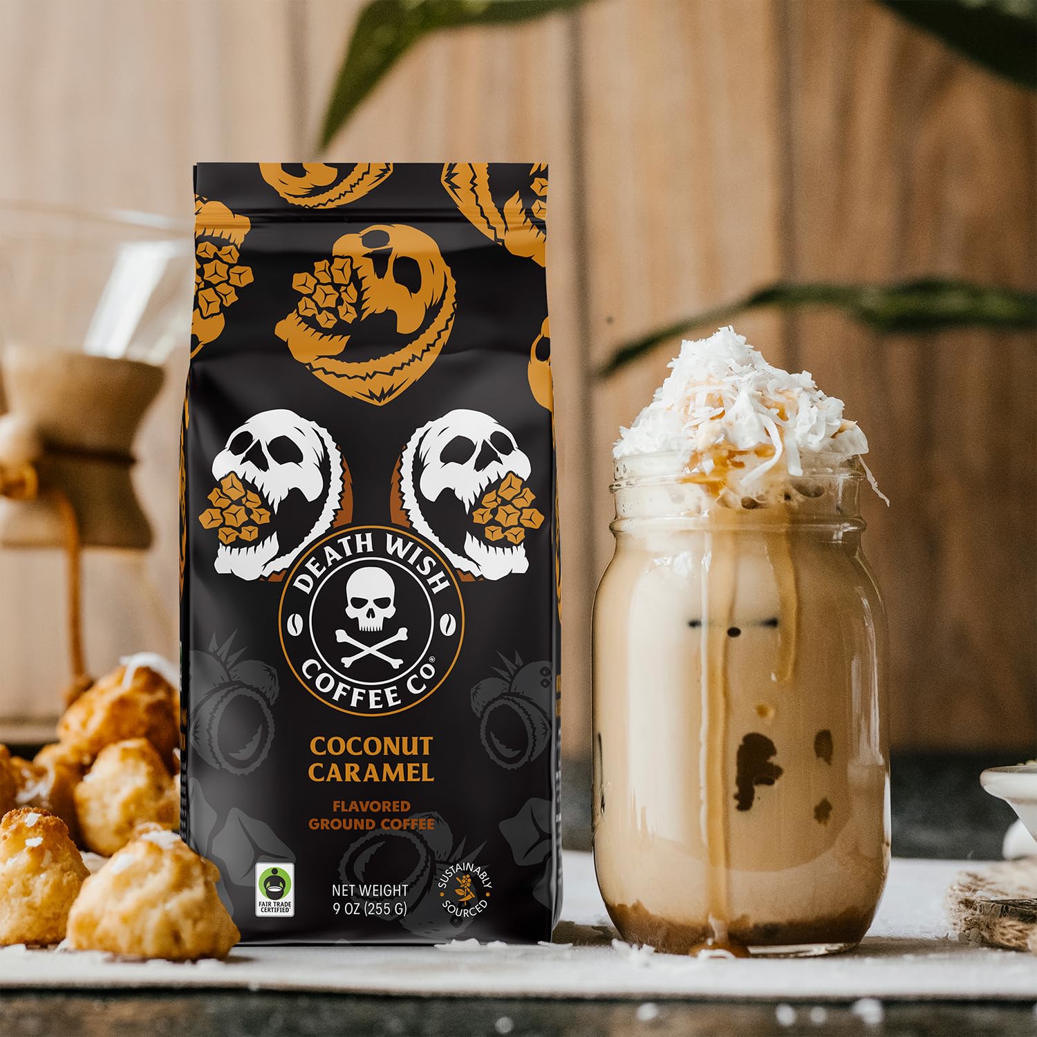 Death Wish Coffee beans closeup emphasizes sturdy high-quality beans.