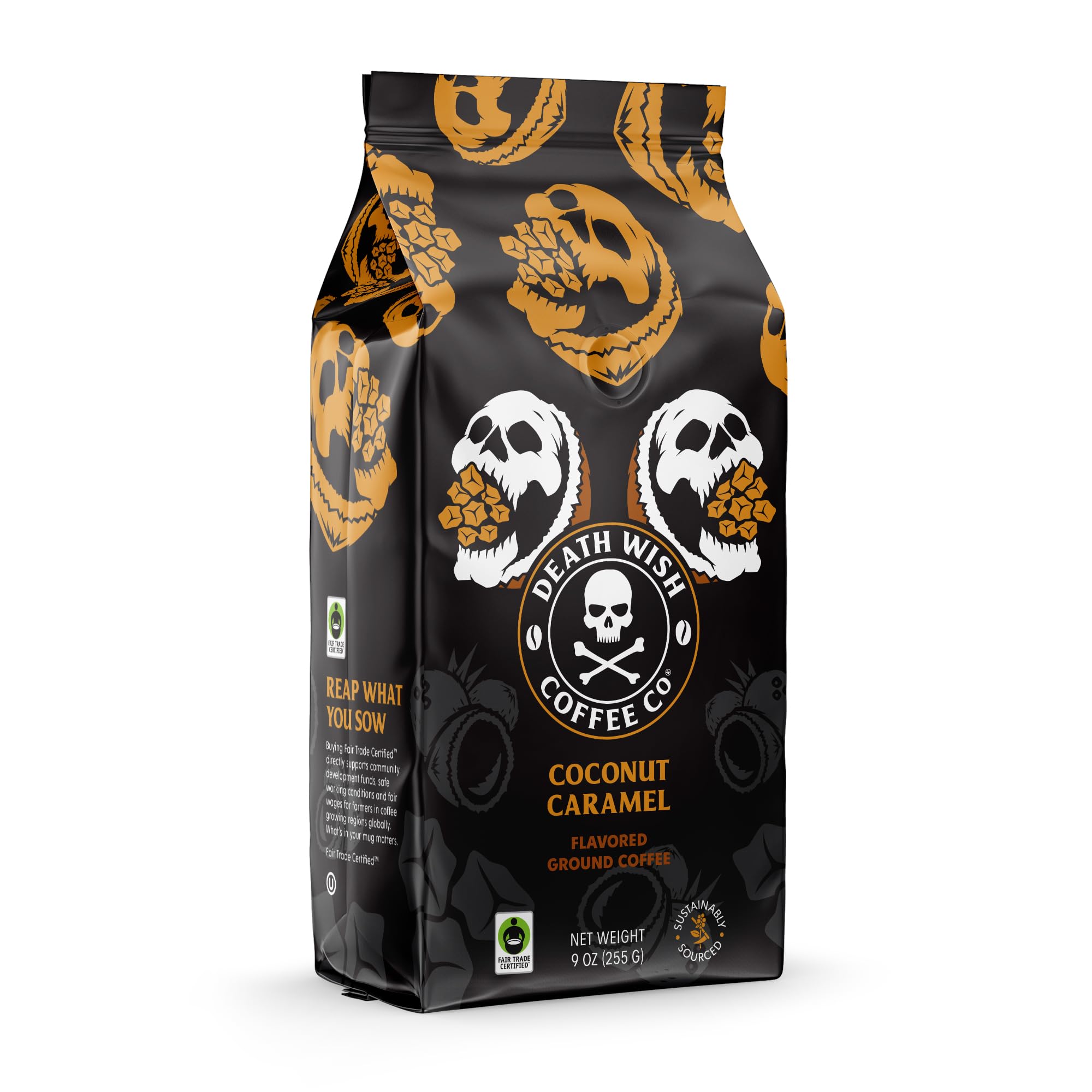 Death Wish Coffee cup-portrait highlights rich crema and inviting aroma.