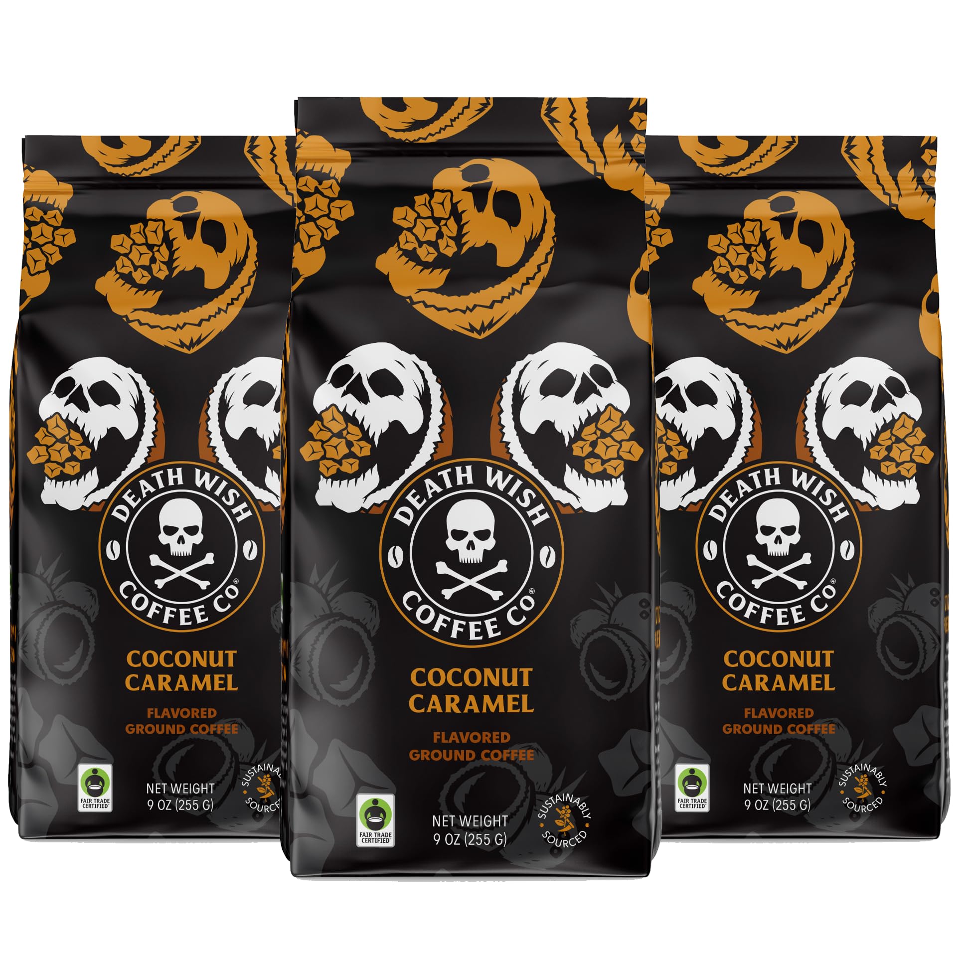 Death Wish Coffee coconut caramel ground bag shows bold flavor for everyday brewing.