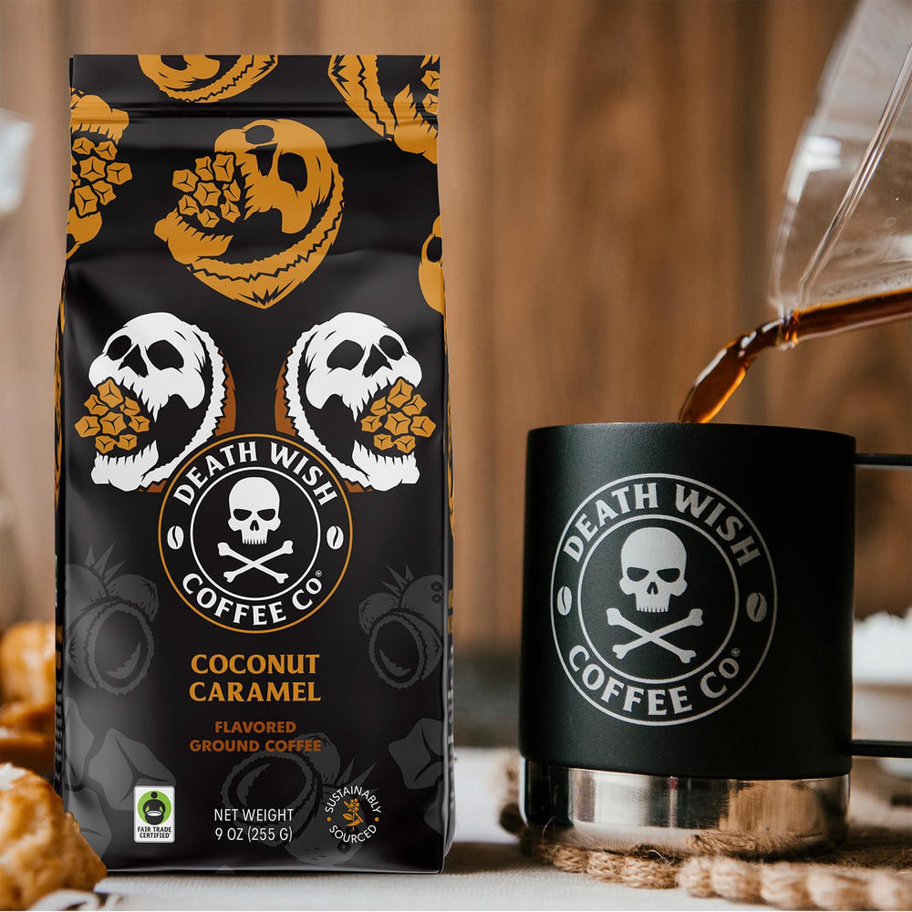 Death Wish Coffee coconut caramel ground brew pours smoothly for a steady morning boost.