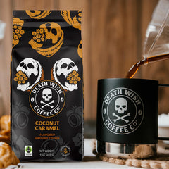 Death Wish Coffee coconut caramel ground brew pours smoothly for a steady morning boost.
