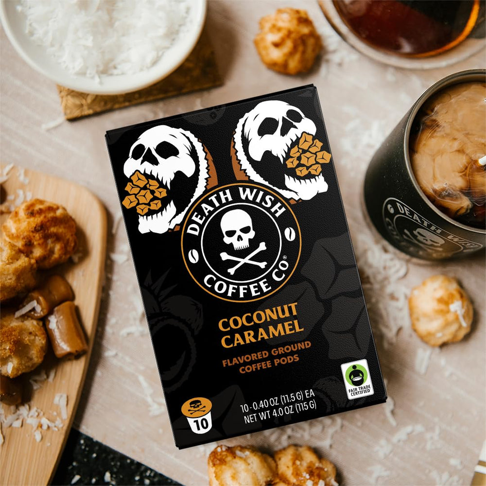 Death Wish Coconut Caramel Pod pack shown for convenient daily use