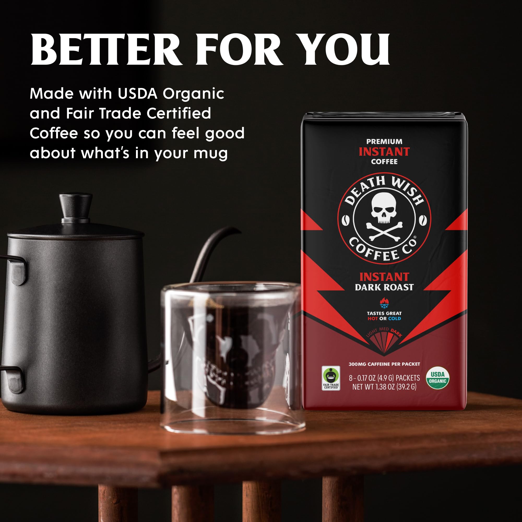 Death Wish Coffee cup with rich dark brew on desk