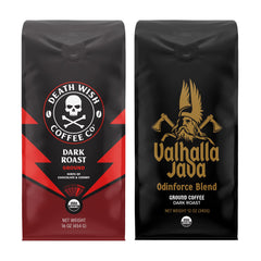 Death Wish Coffee dark roast ground 16 oz bag showcases bold morning flavor.
