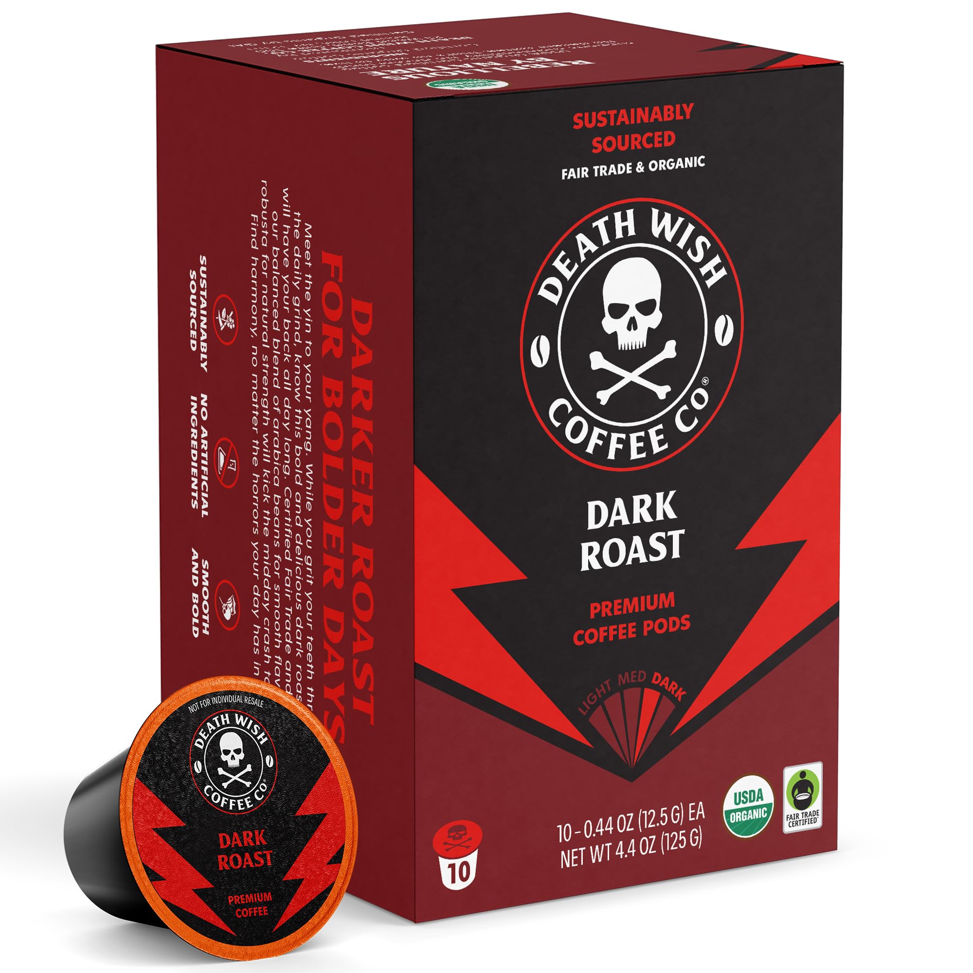 Death Wish Coffee dark roast pods for bold mornings in a single-serve pod