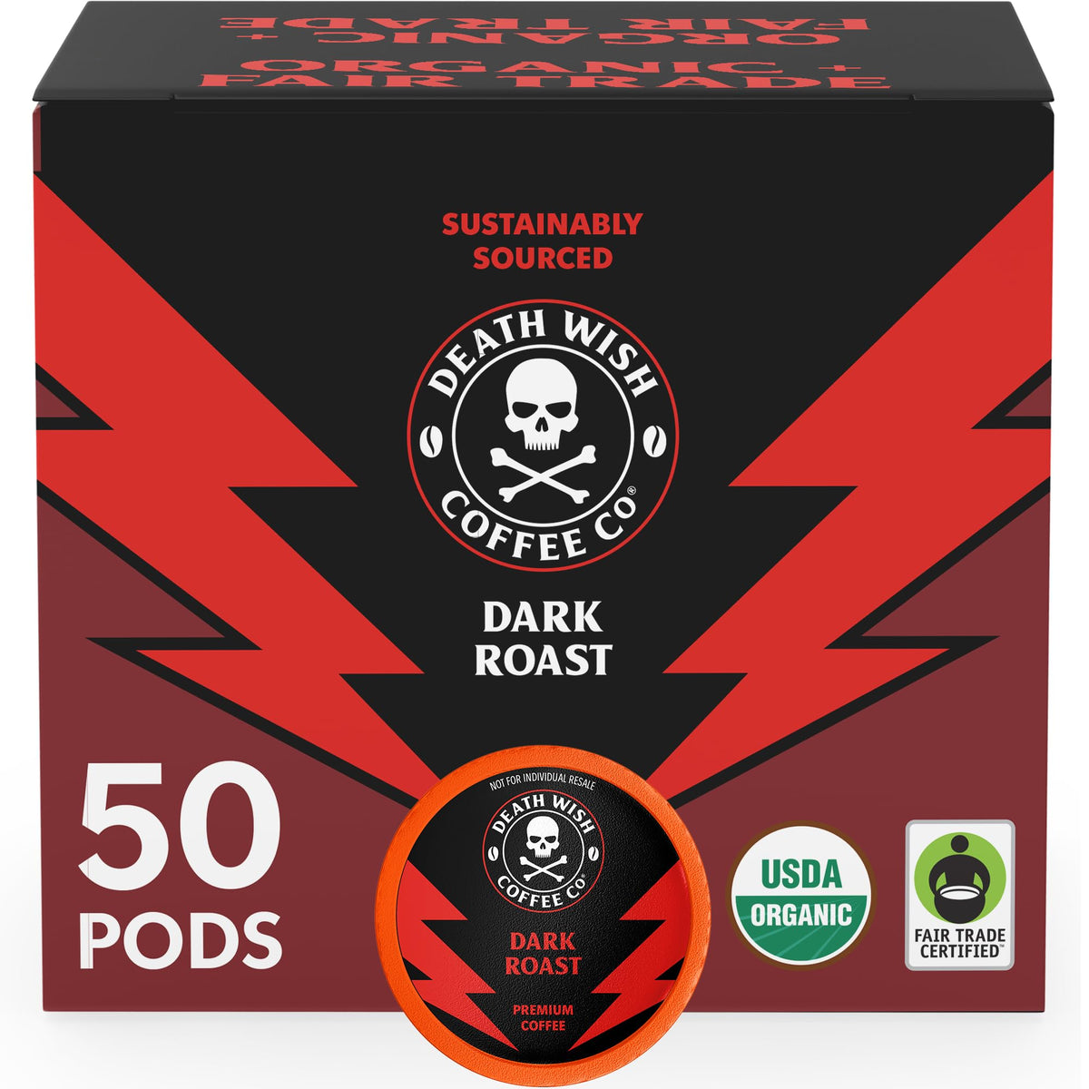 Death Wish Coffee dark roast pods pack offers a bold caffeine boost