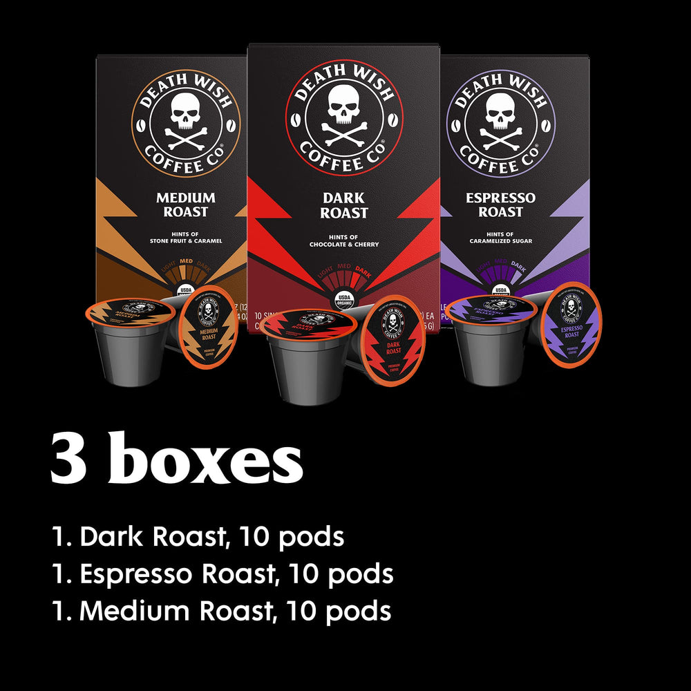 Death Wish Coffee dark roast pods deliver bold aroma and intense flavor.