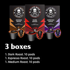 Death Wish Coffee dark roast pods deliver bold aroma and intense flavor.
