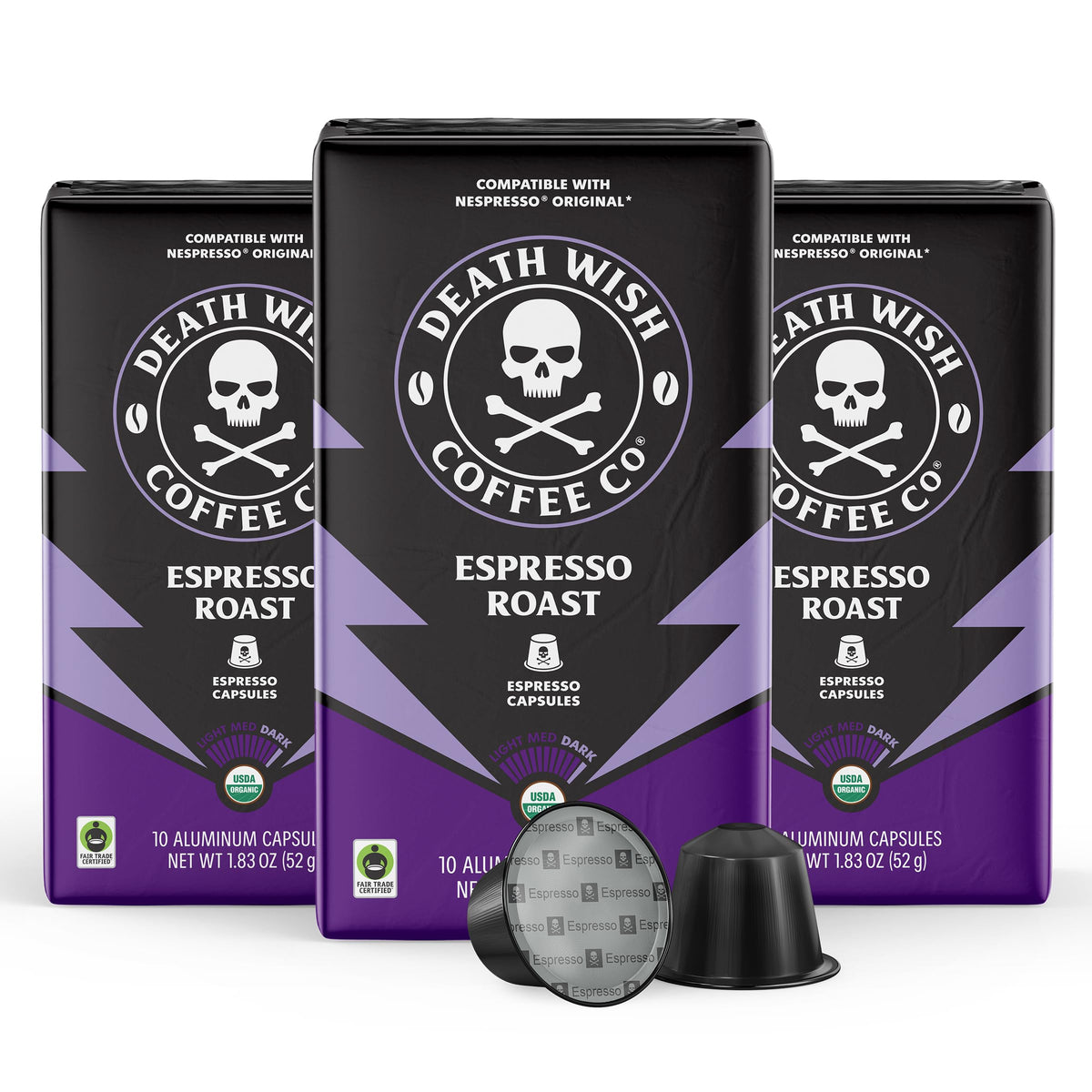 Death Wish Coffee Espresso Roast capsules shown on a counter for bold home brewing