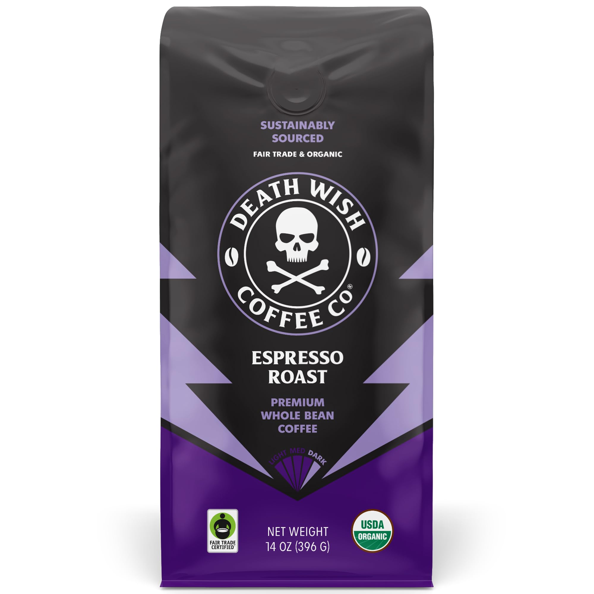 Death Wish Coffee Espresso Roast pack shot highlights bold aroma for mornings