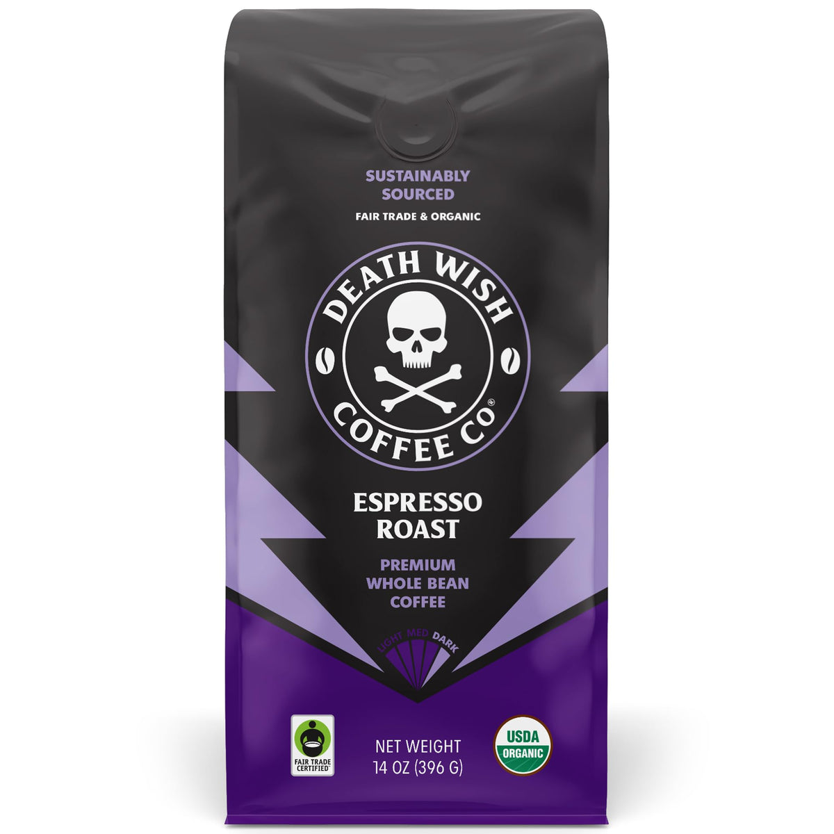 Death Wish Coffee Espresso Roast pack shot highlights bold aroma for mornings